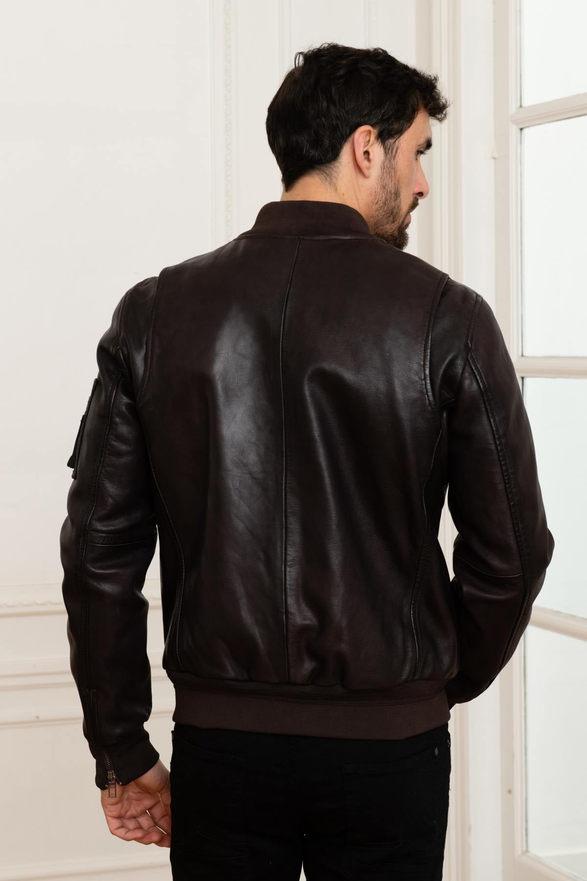 Dark brown leather pilot bomber - Image n°4