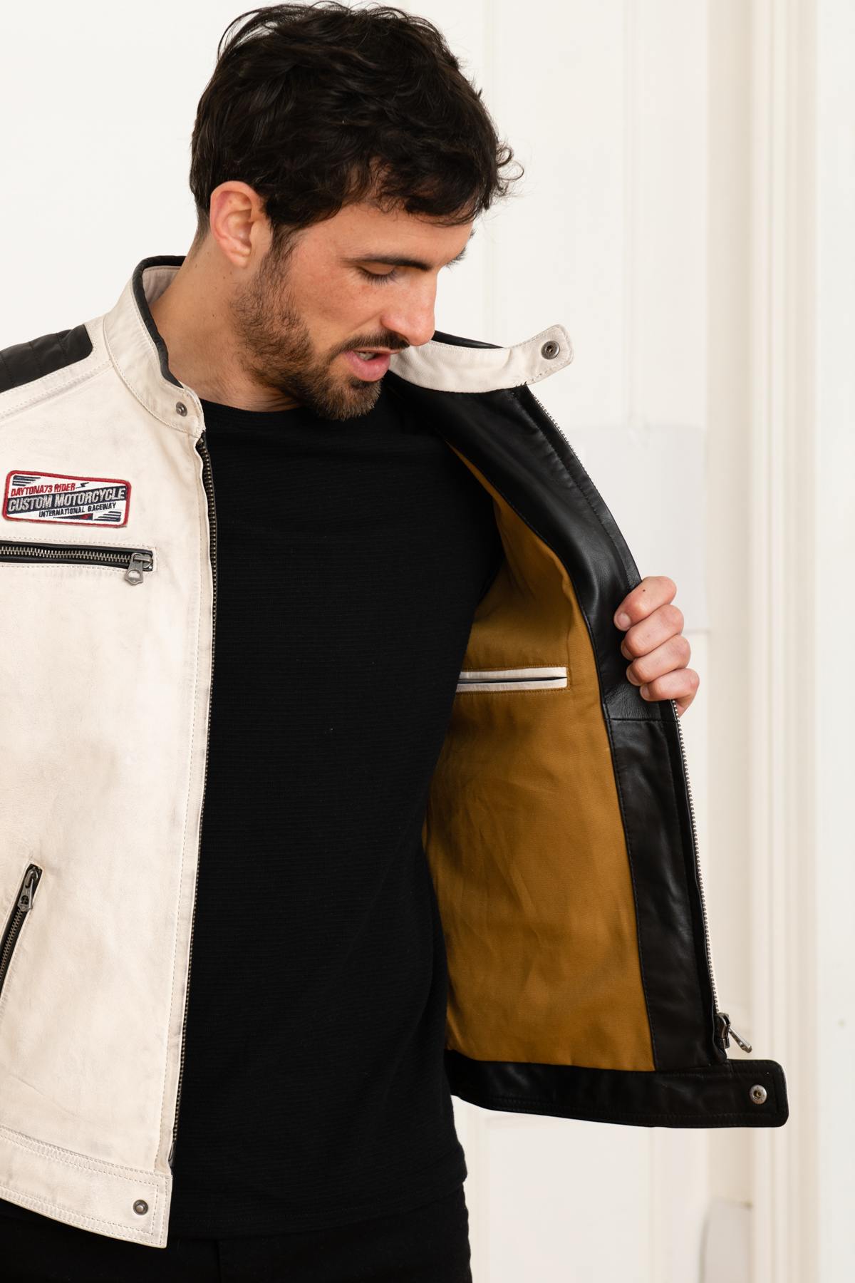 White patched racing leather jacket - Image n°4