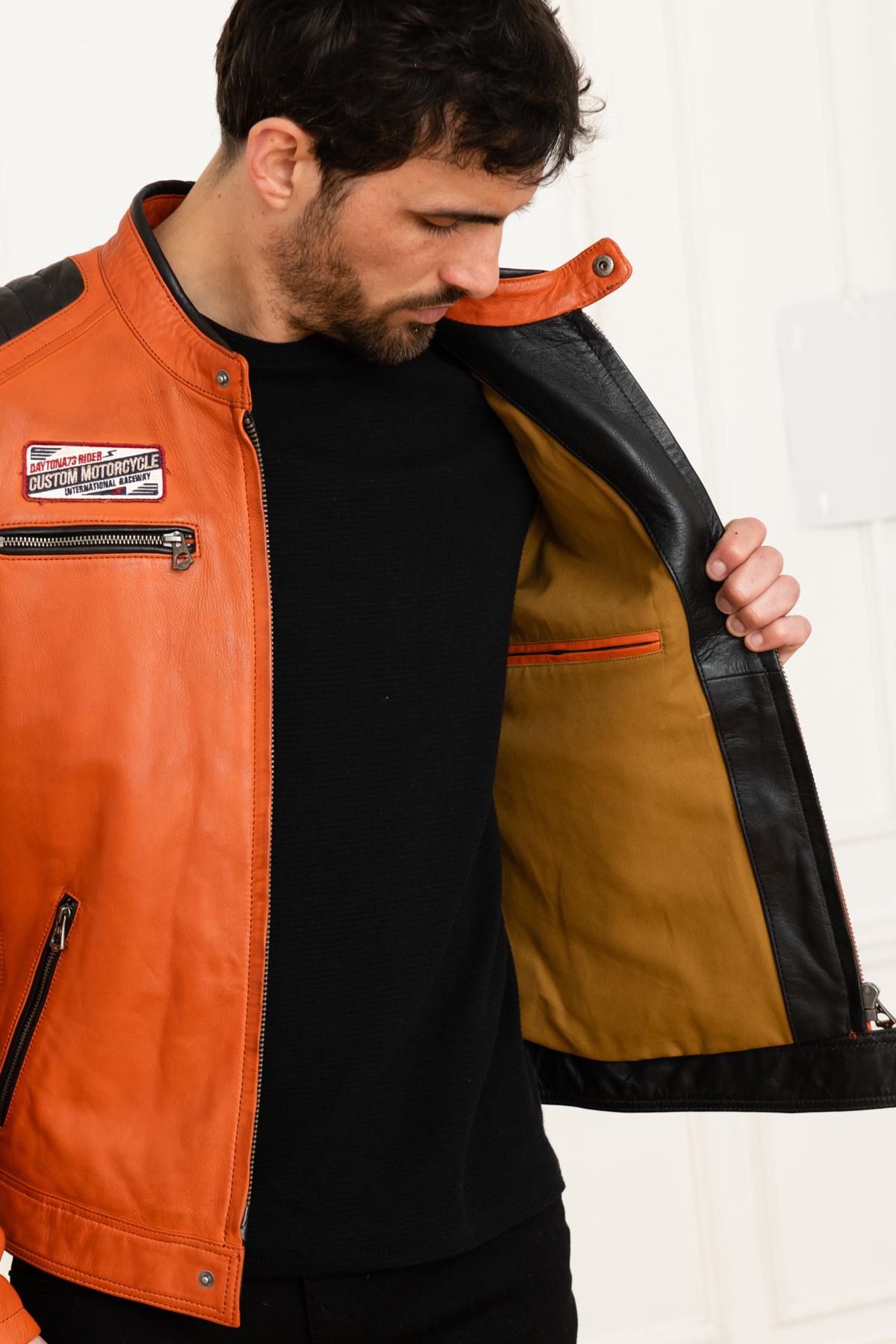 Orange genuine leather racing jacket - Image n°4