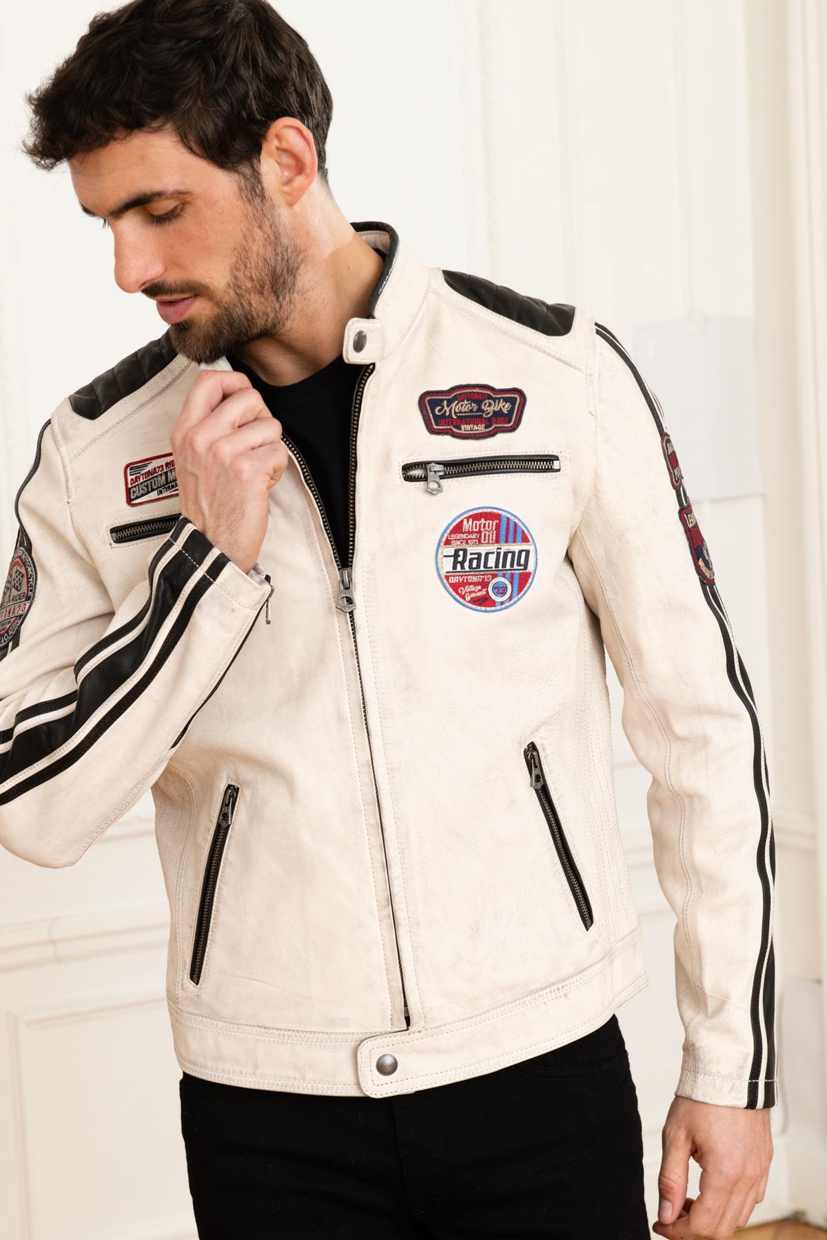 White patched racing leather jacket - Image n°7