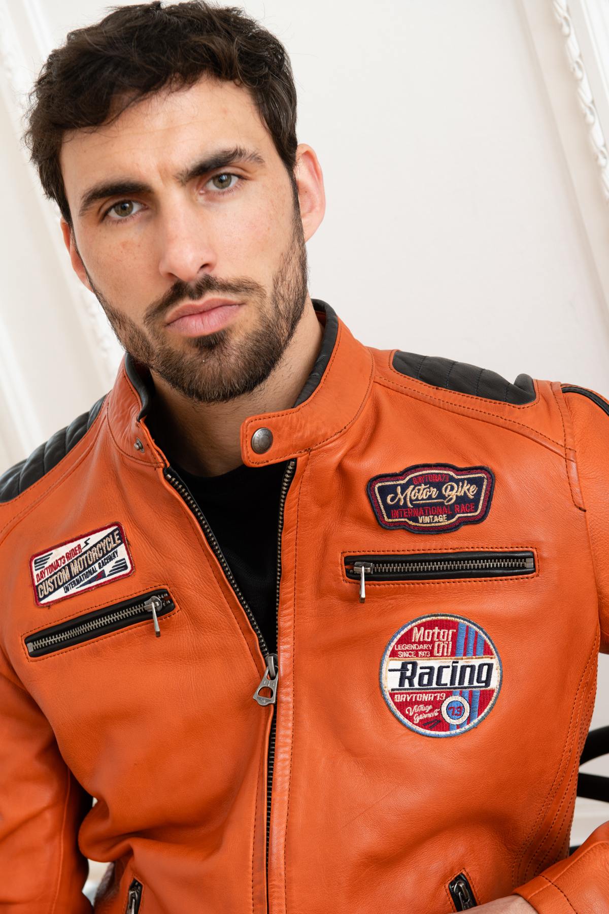 Orange genuine leather racing jacket - Image n°7