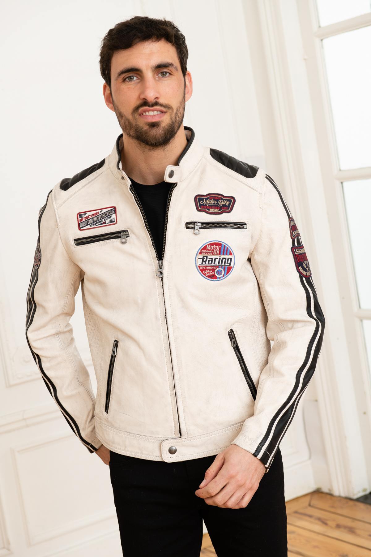 White patched racing leather jacket - Image n°3