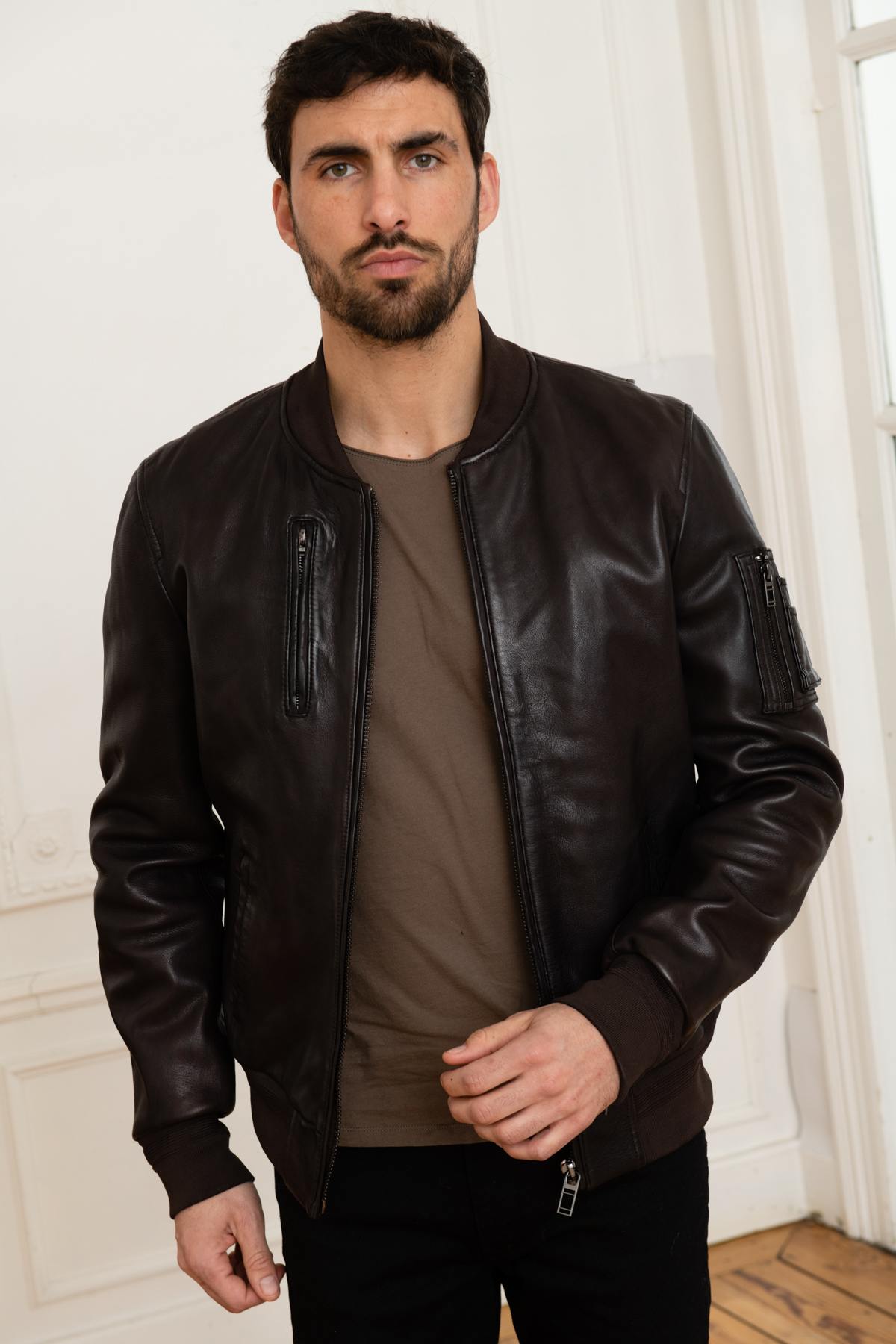 Dark brown leather pilot bomber - Image n°2