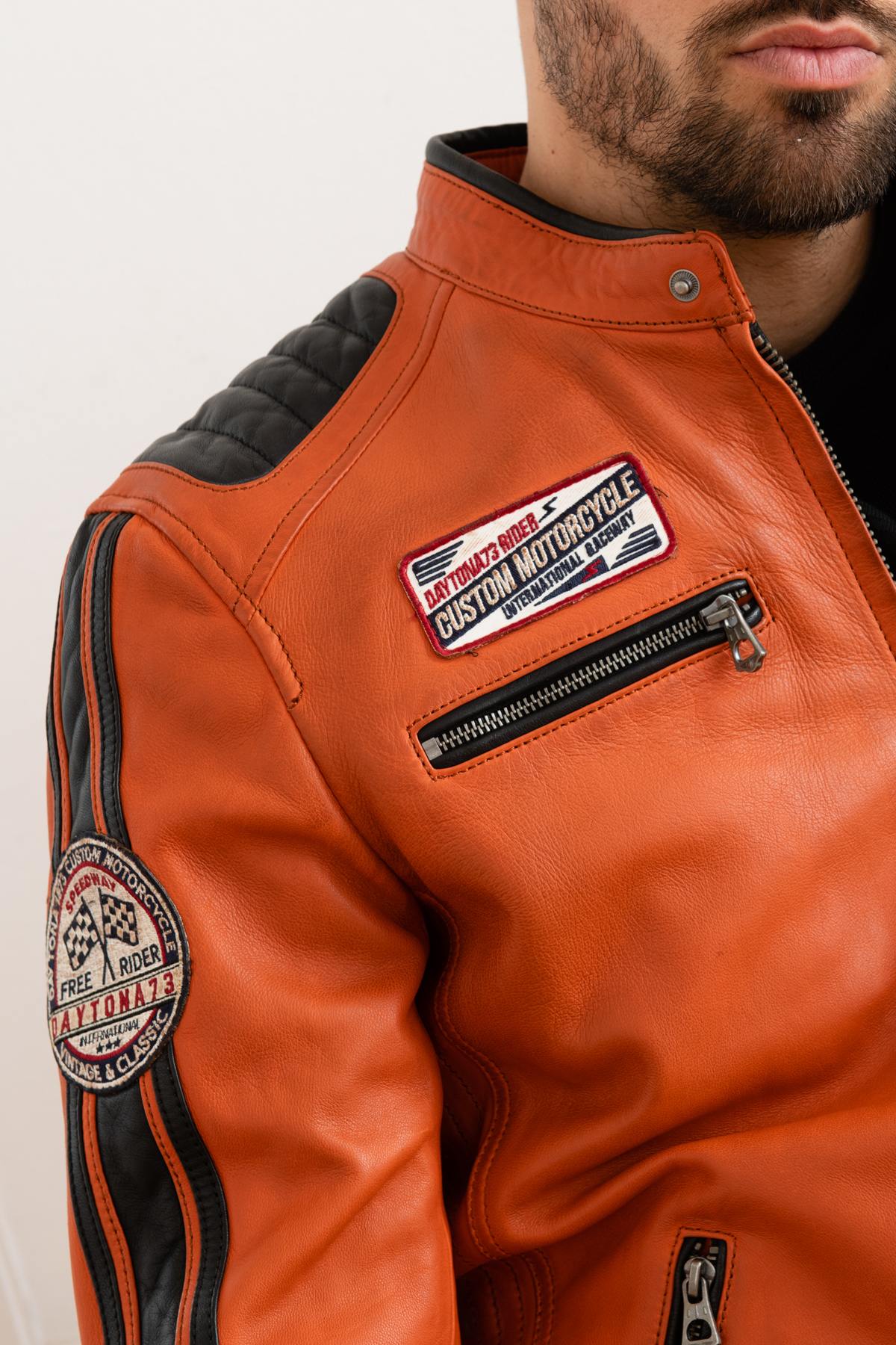 Orange genuine leather racing jacket - Image n°8