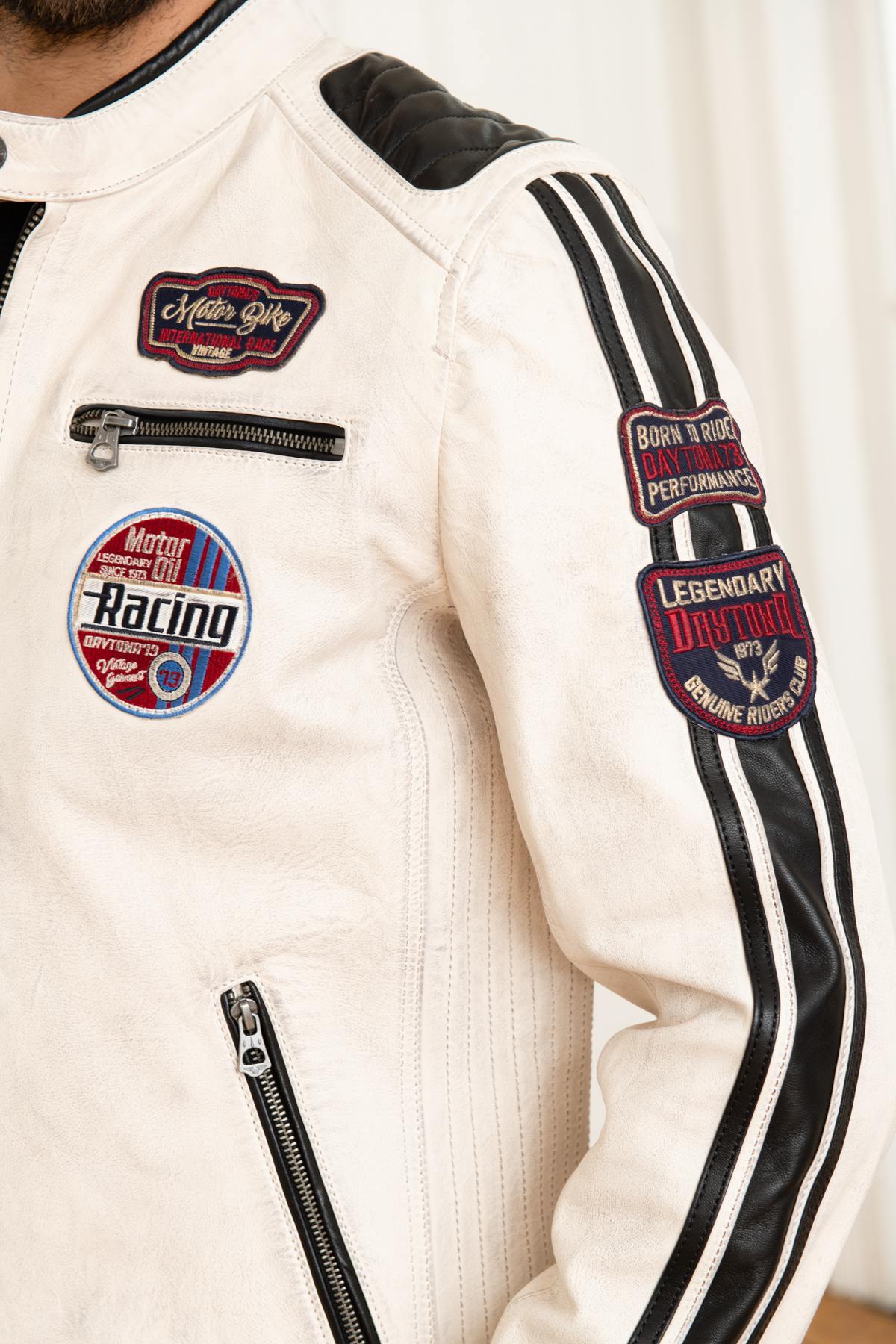 White patched racing leather jacket - Image n°8