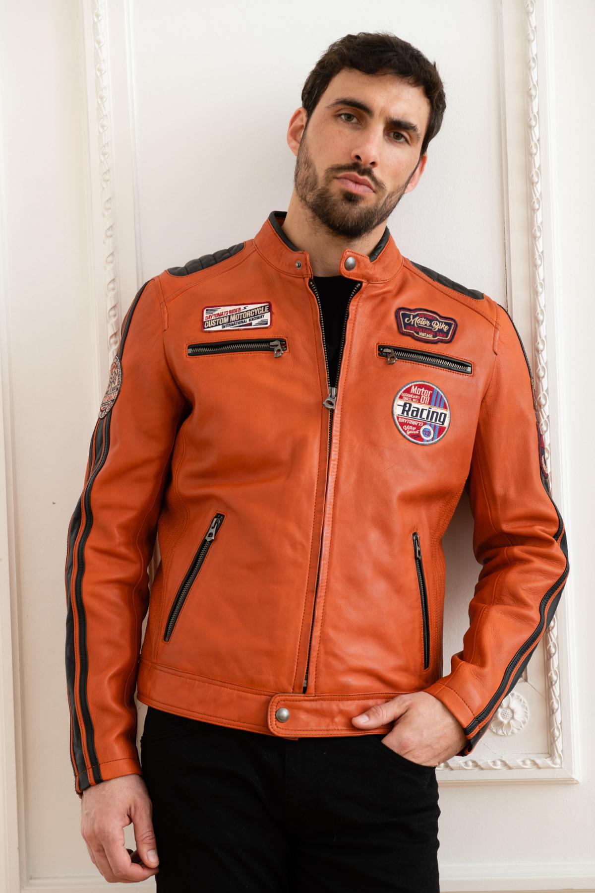 Orange genuine leather racing jacket - Image n°1