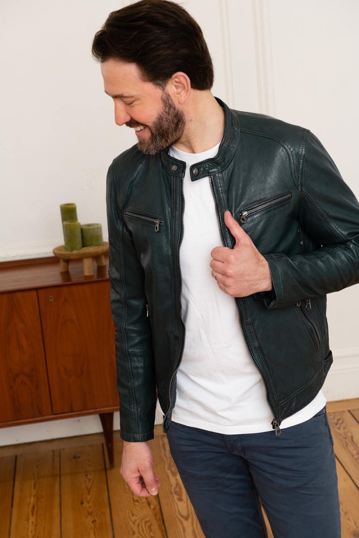 Ocean blue jacket in genuine leather - Image n°6