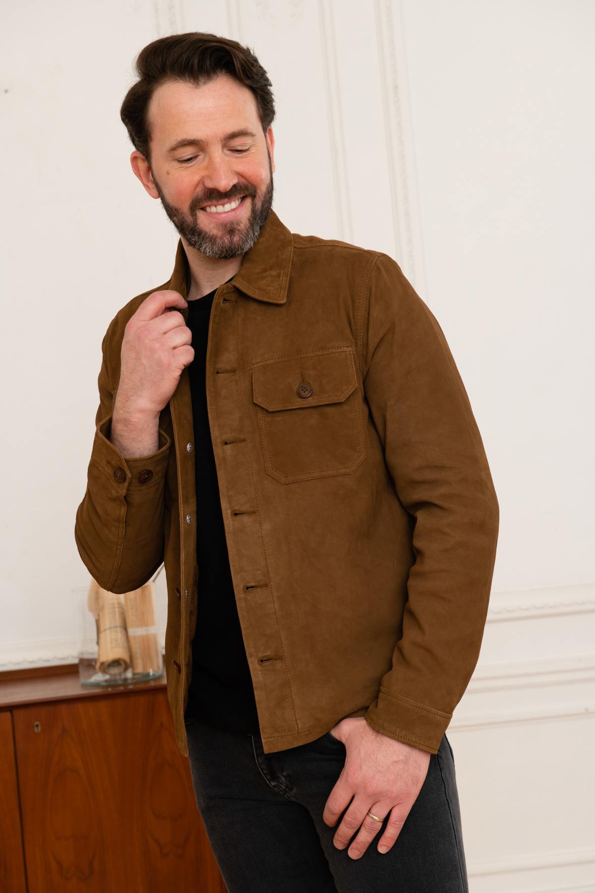 Brown suede leather worker overshirt - Image n°1