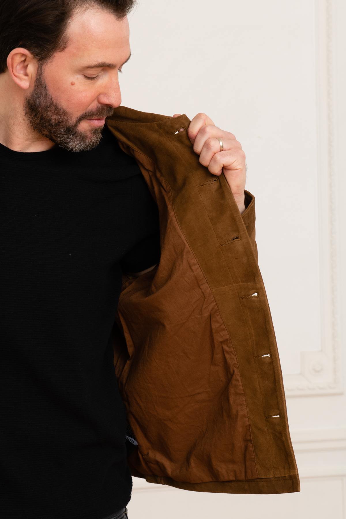 Brown suede leather worker overshirt - Image n°4