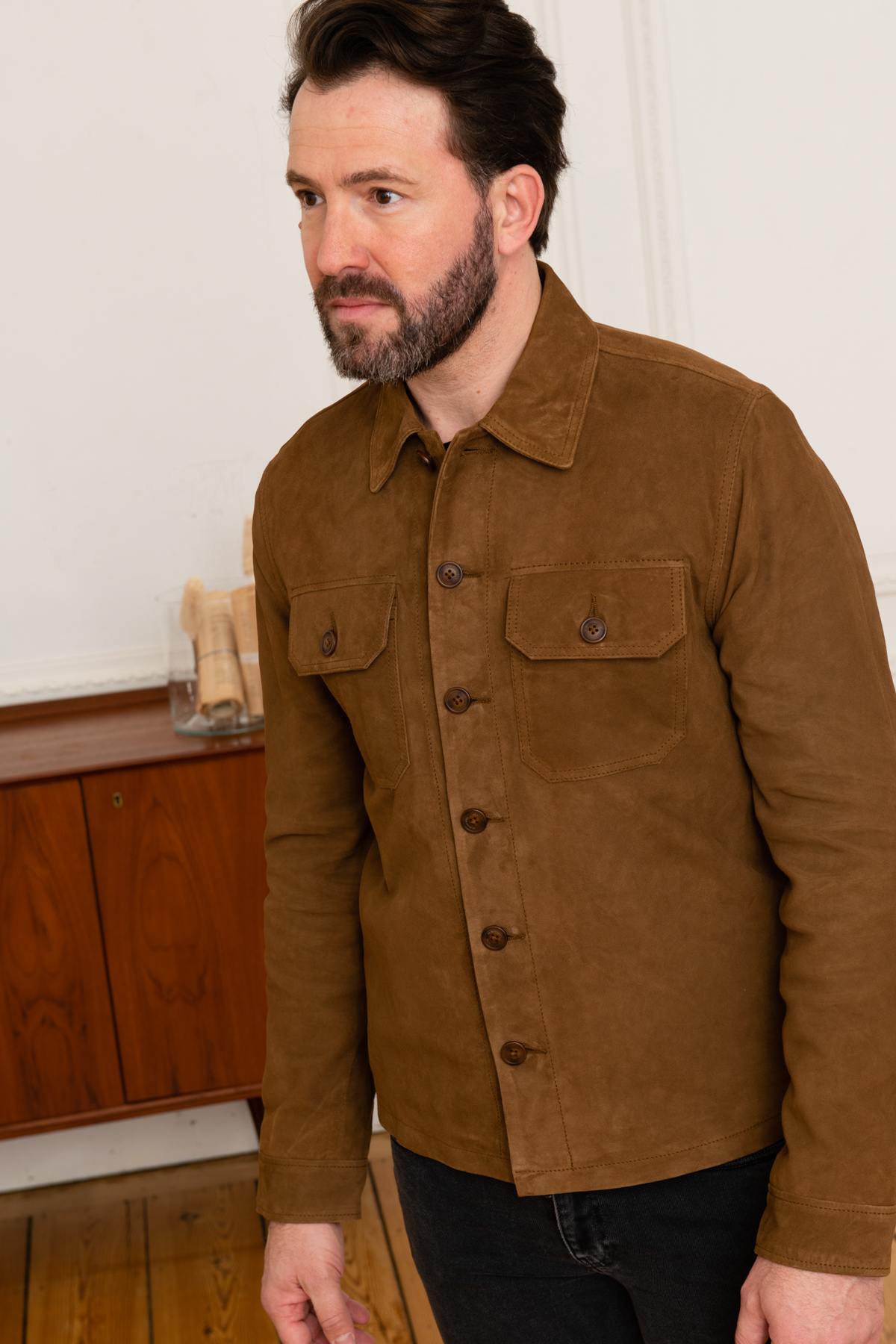 Brown suede leather worker overshirt - Image n°6