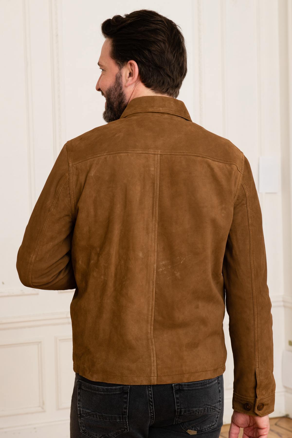 Brown suede leather worker overshirt - Image n°5