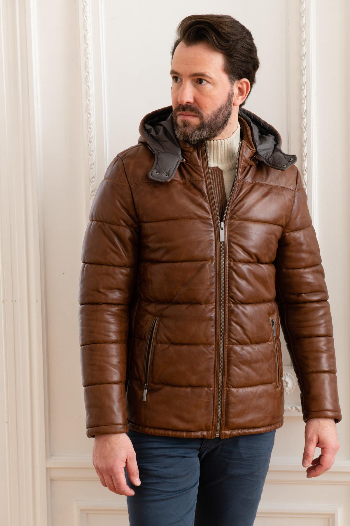 Brown leather down jacket with hood - Image n°3