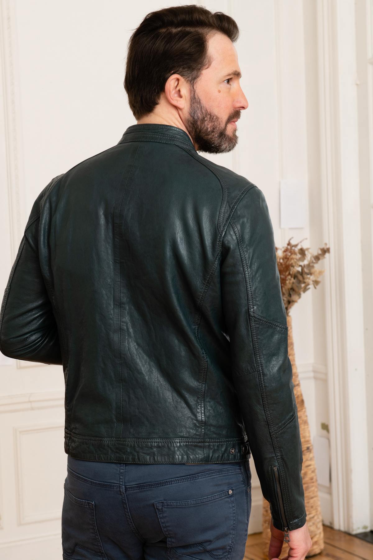 Ocean blue jacket in genuine leather - Image n°5