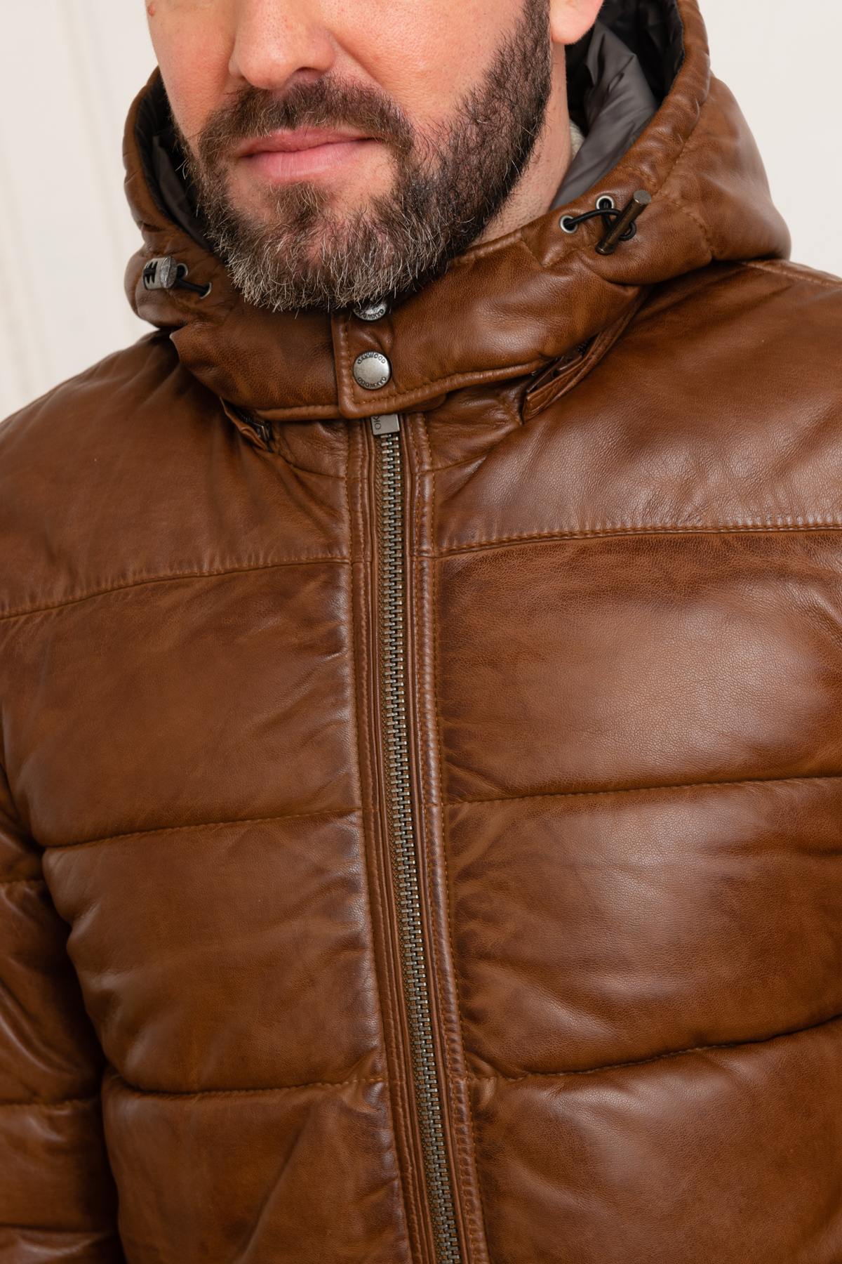 Brown leather down jacket with hood - Image n°5