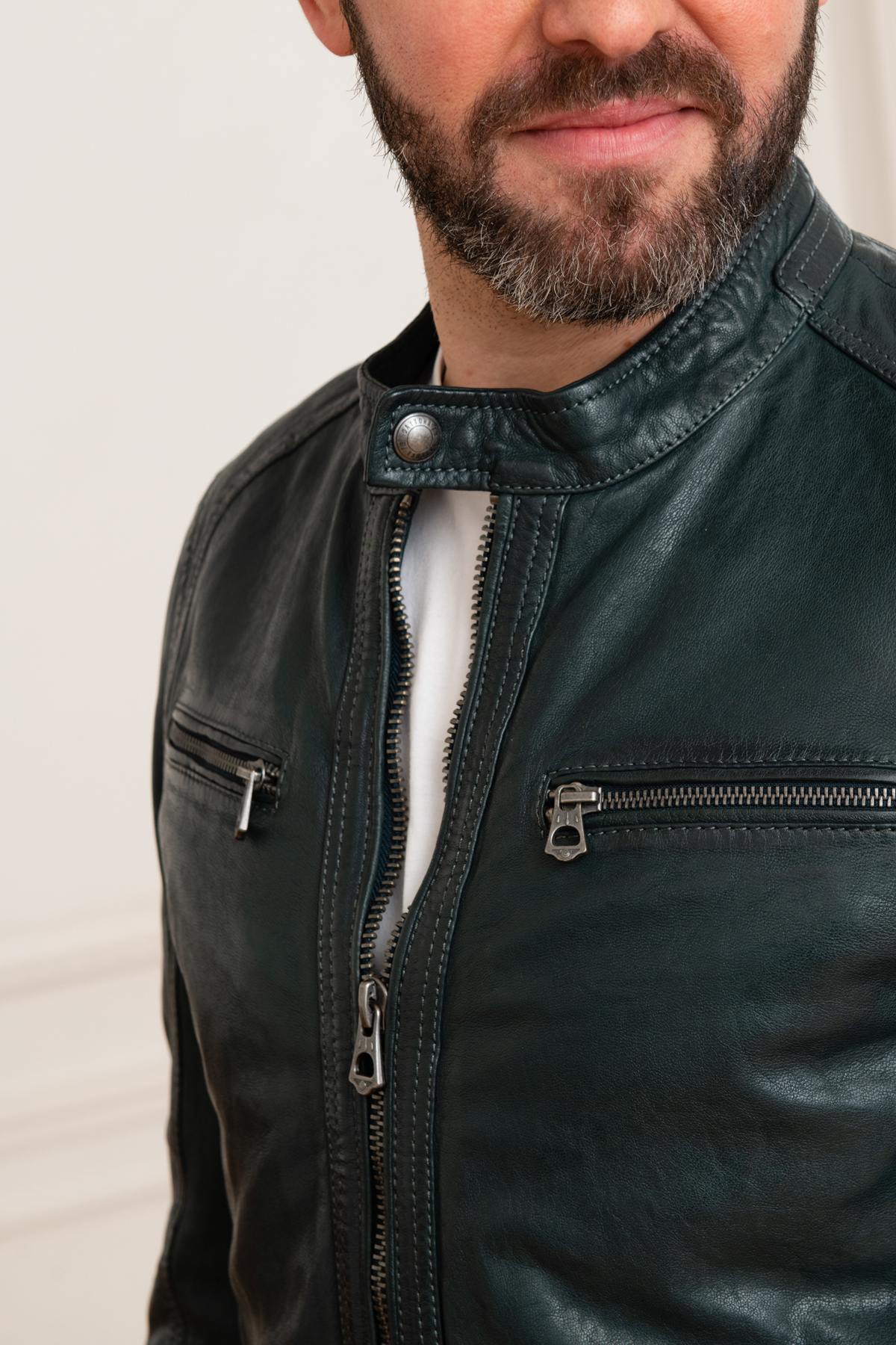 Ocean blue jacket in genuine leather - Image n°7