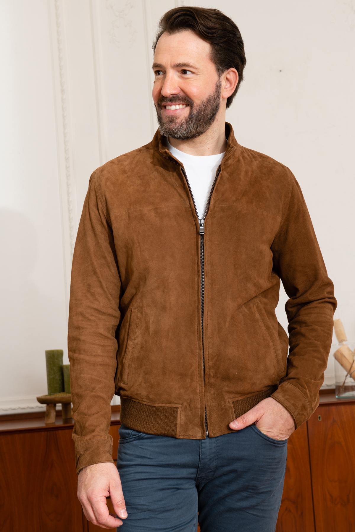 Teddy-style jacket in suede leather - Image n°1