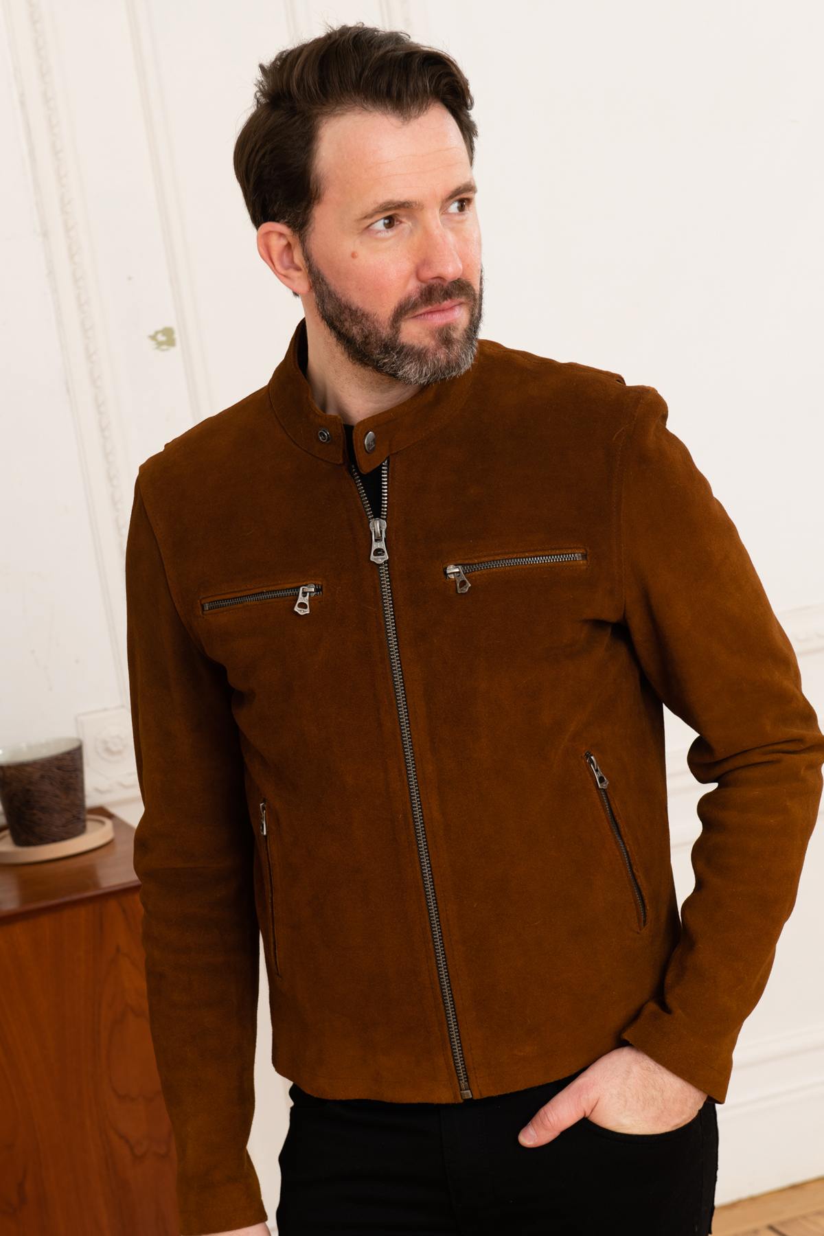 Biker-style jacket in suede cowhide - Image n°1