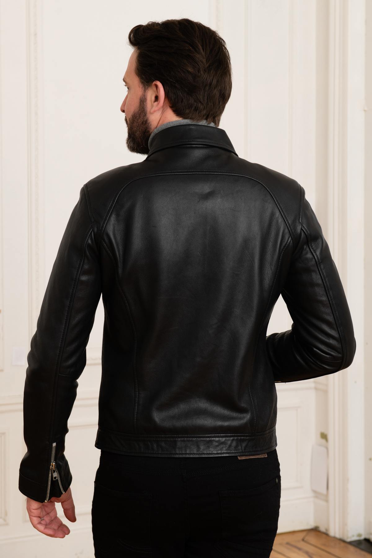 Black leather jacket with shirt collar - Image n°7