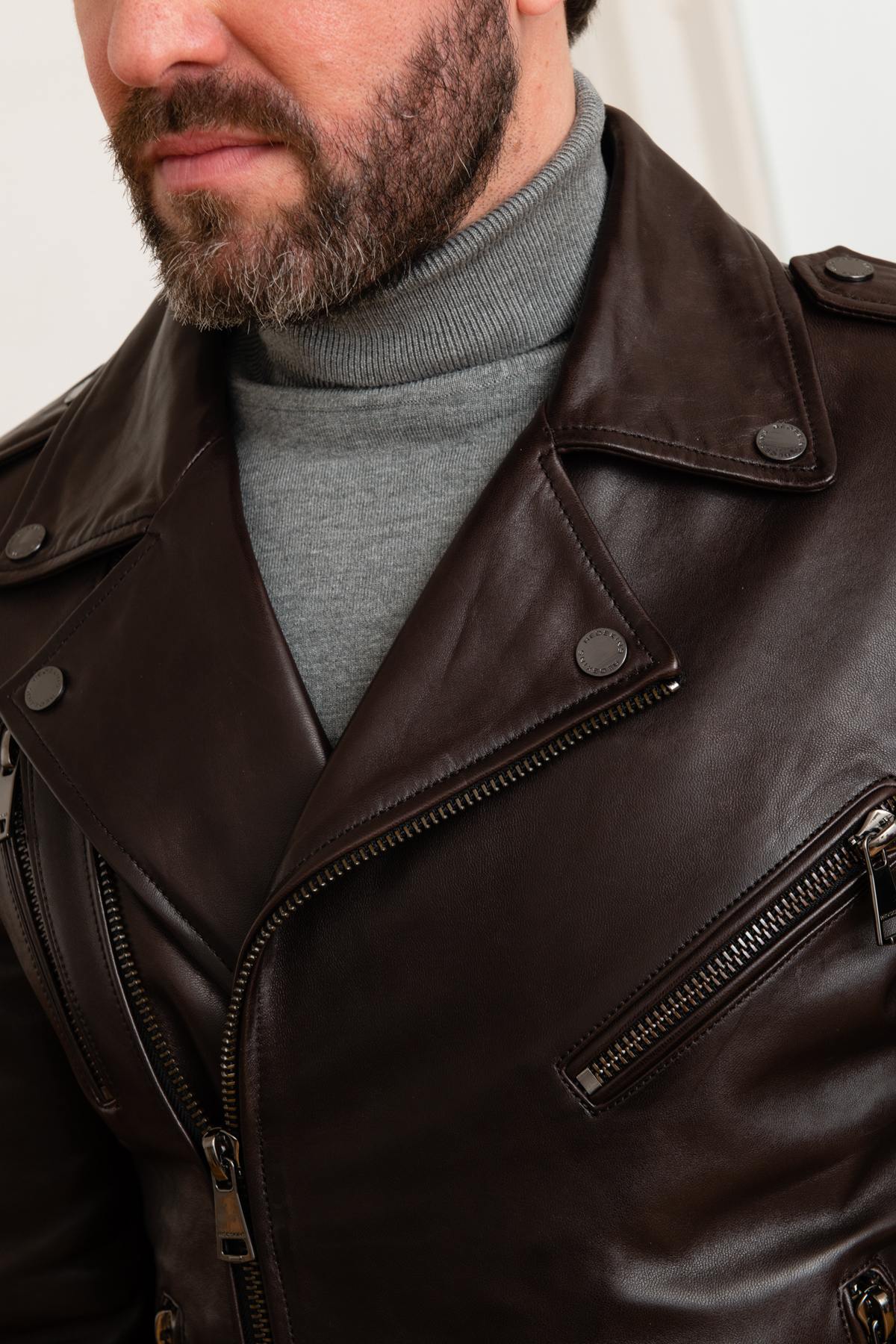 Brown leather rock Biker Jacket - Image n°9