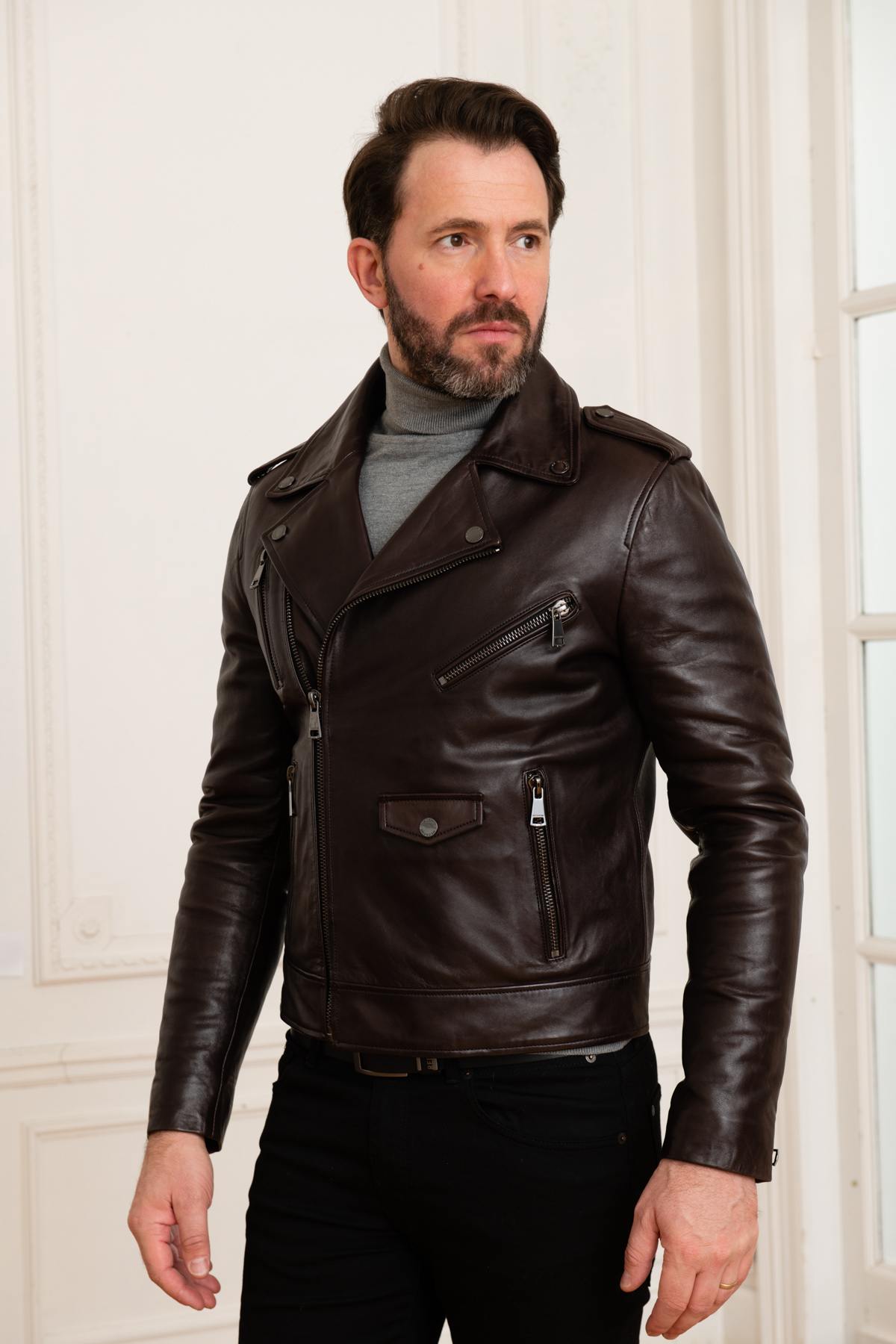 Brown leather rock Biker Jacket - Image n°4