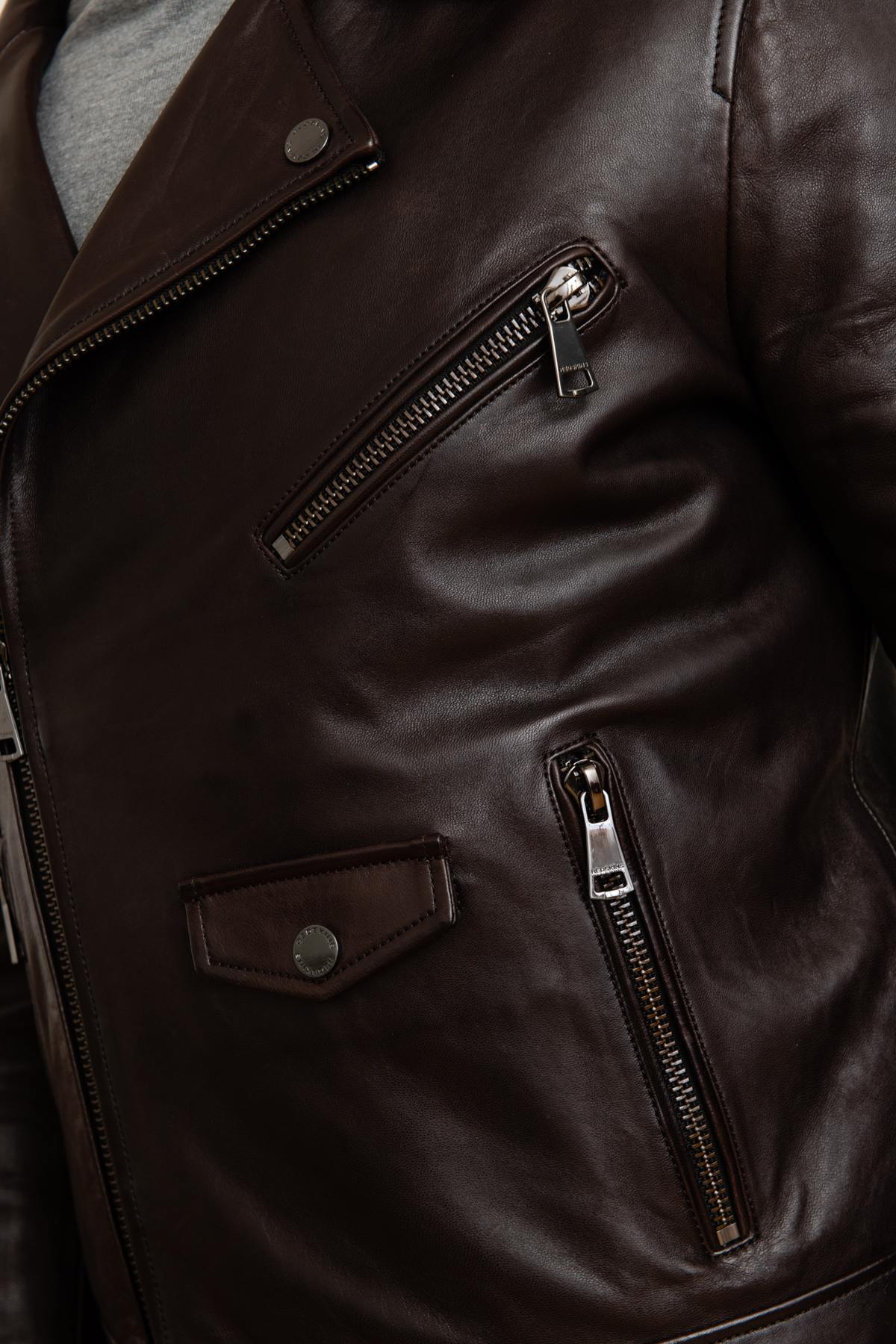 Brown leather rock Biker Jacket - Image n°8