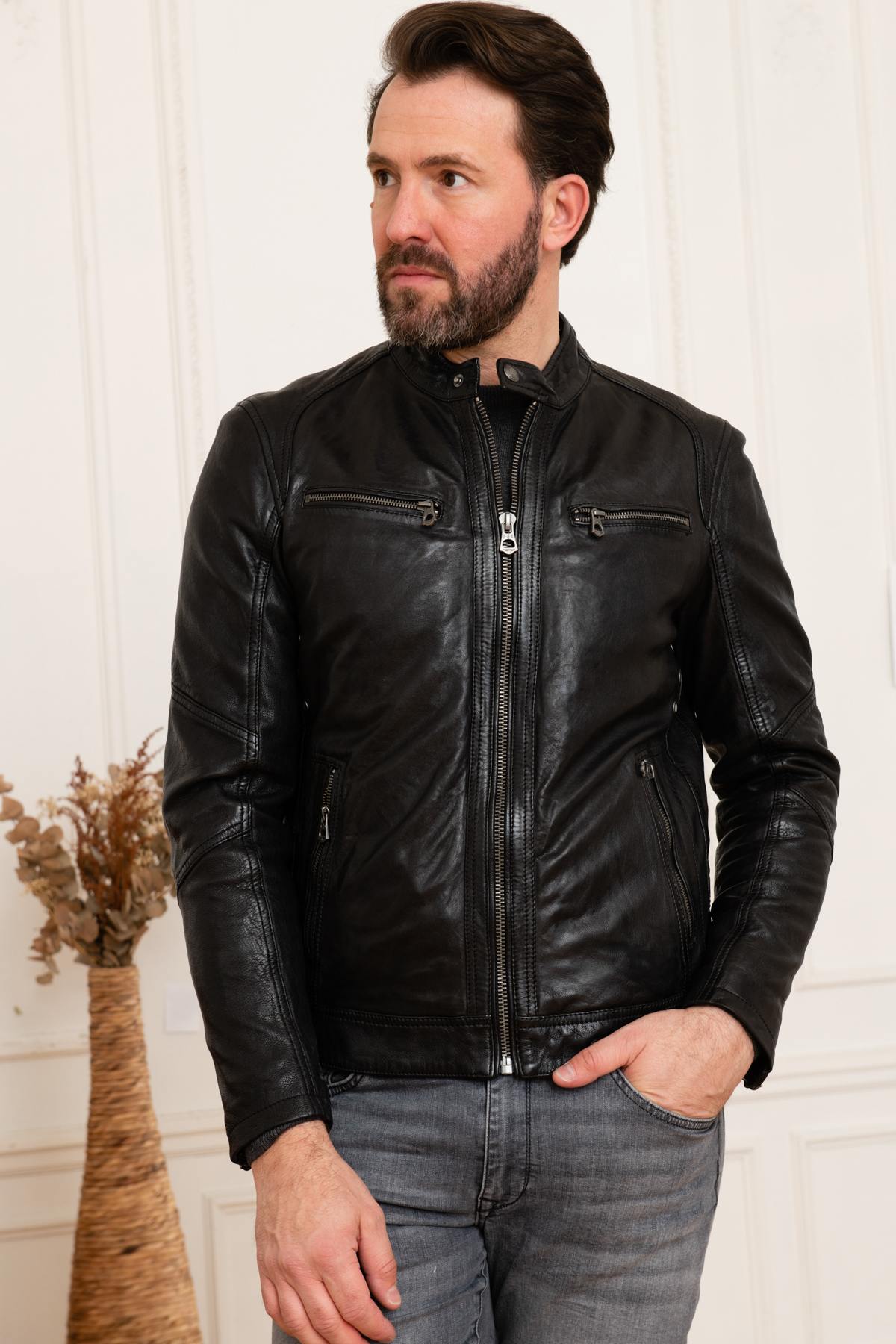 Black lambskin leather jacket - Image n°5