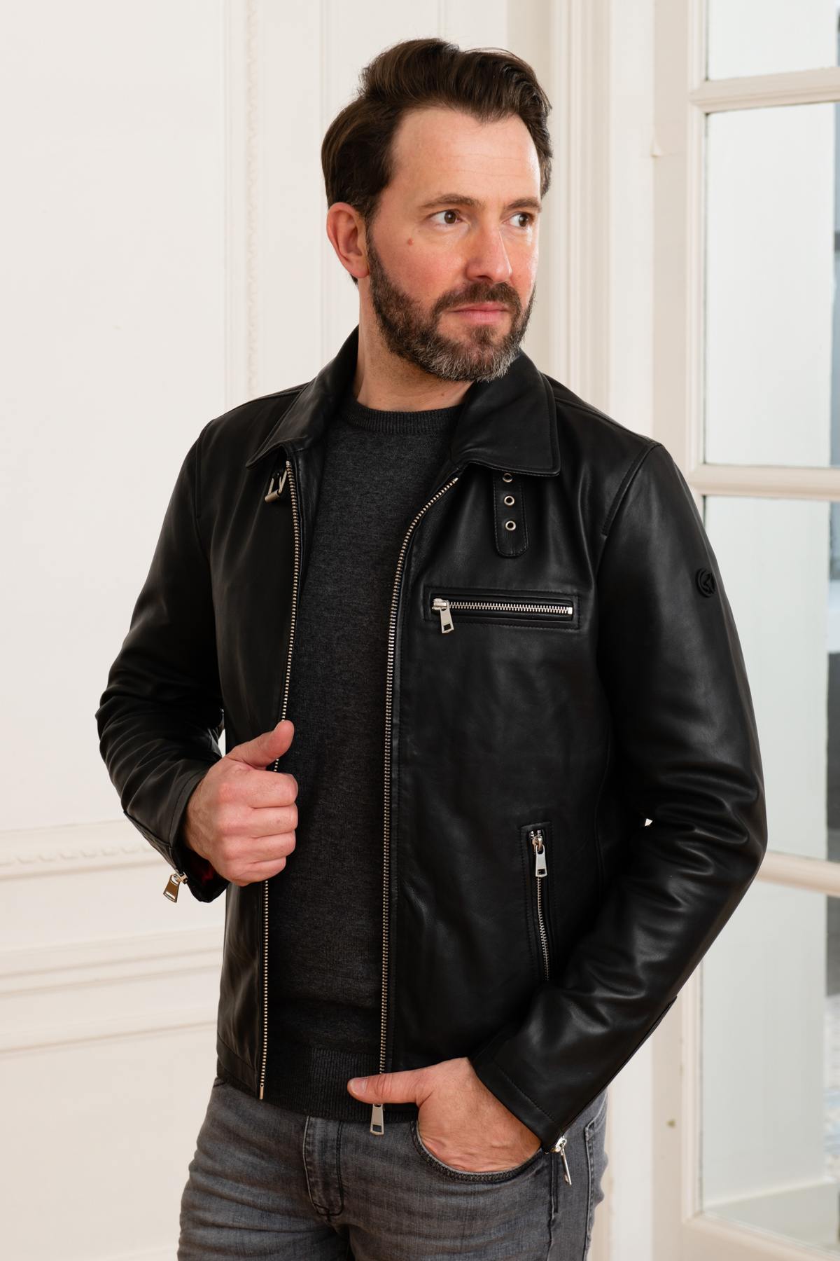 Black lambskin biker jacket with shirt collar - Image n°3