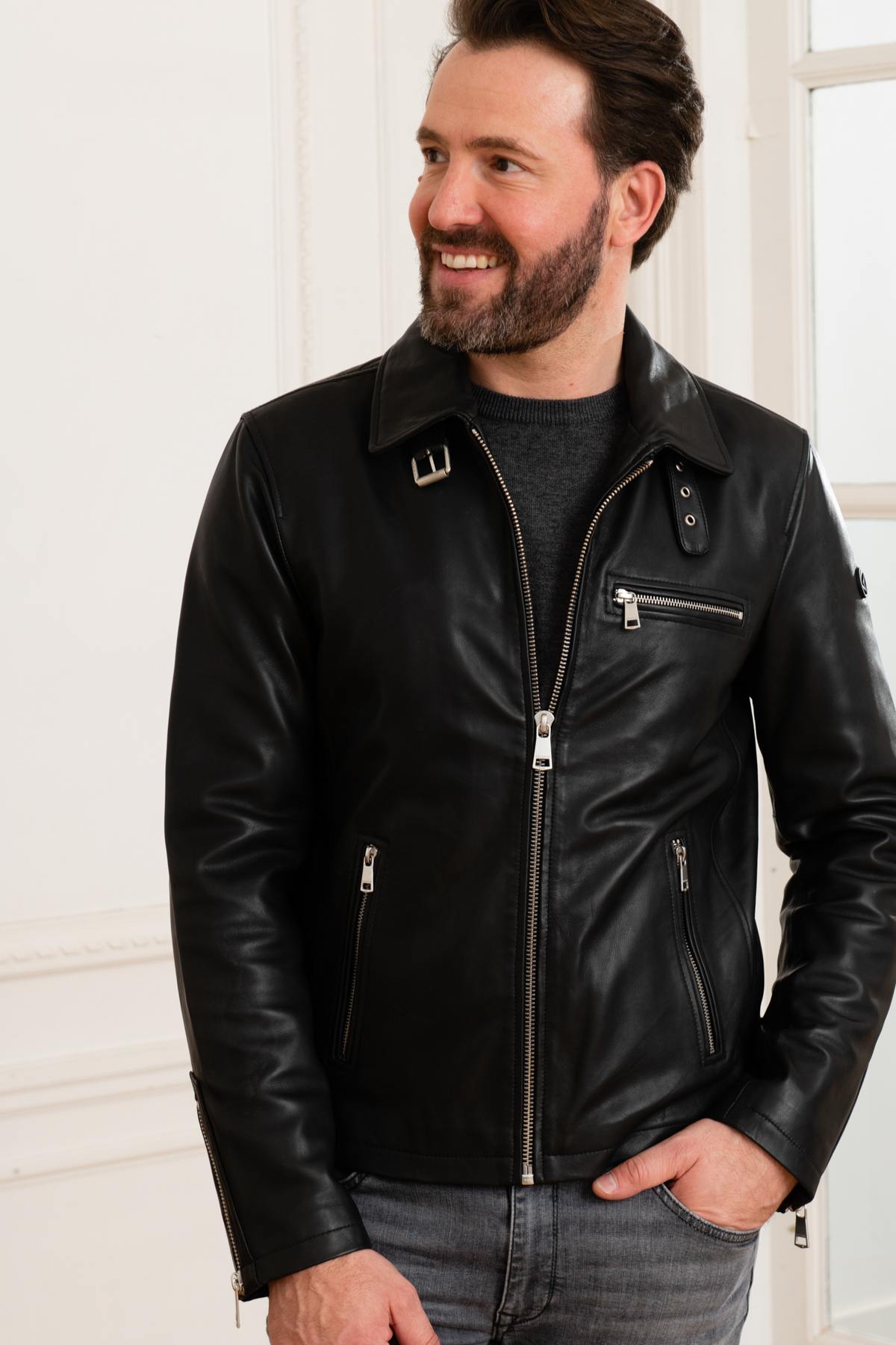 Black lambskin biker jacket with shirt collar - Image n°6