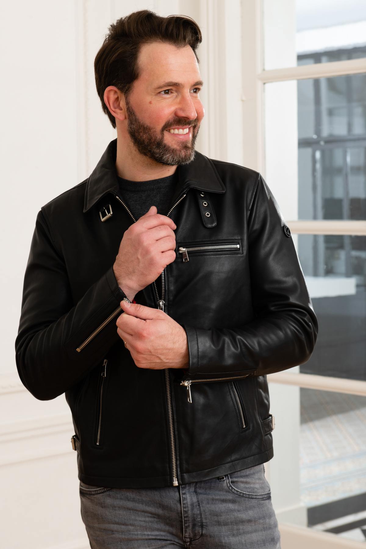 Black lambskin biker jacket with shirt collar - Image n°1