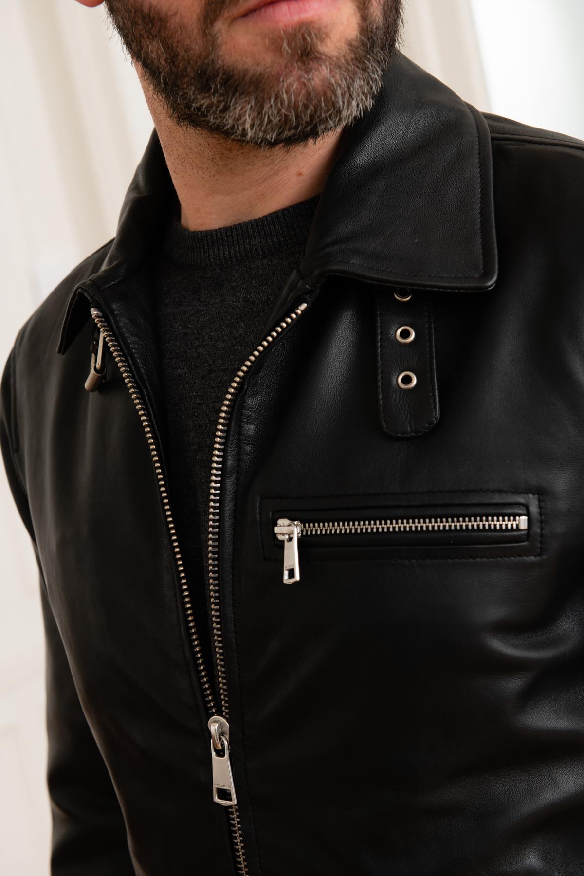 Black lambskin biker jacket with shirt collar - Image n°7