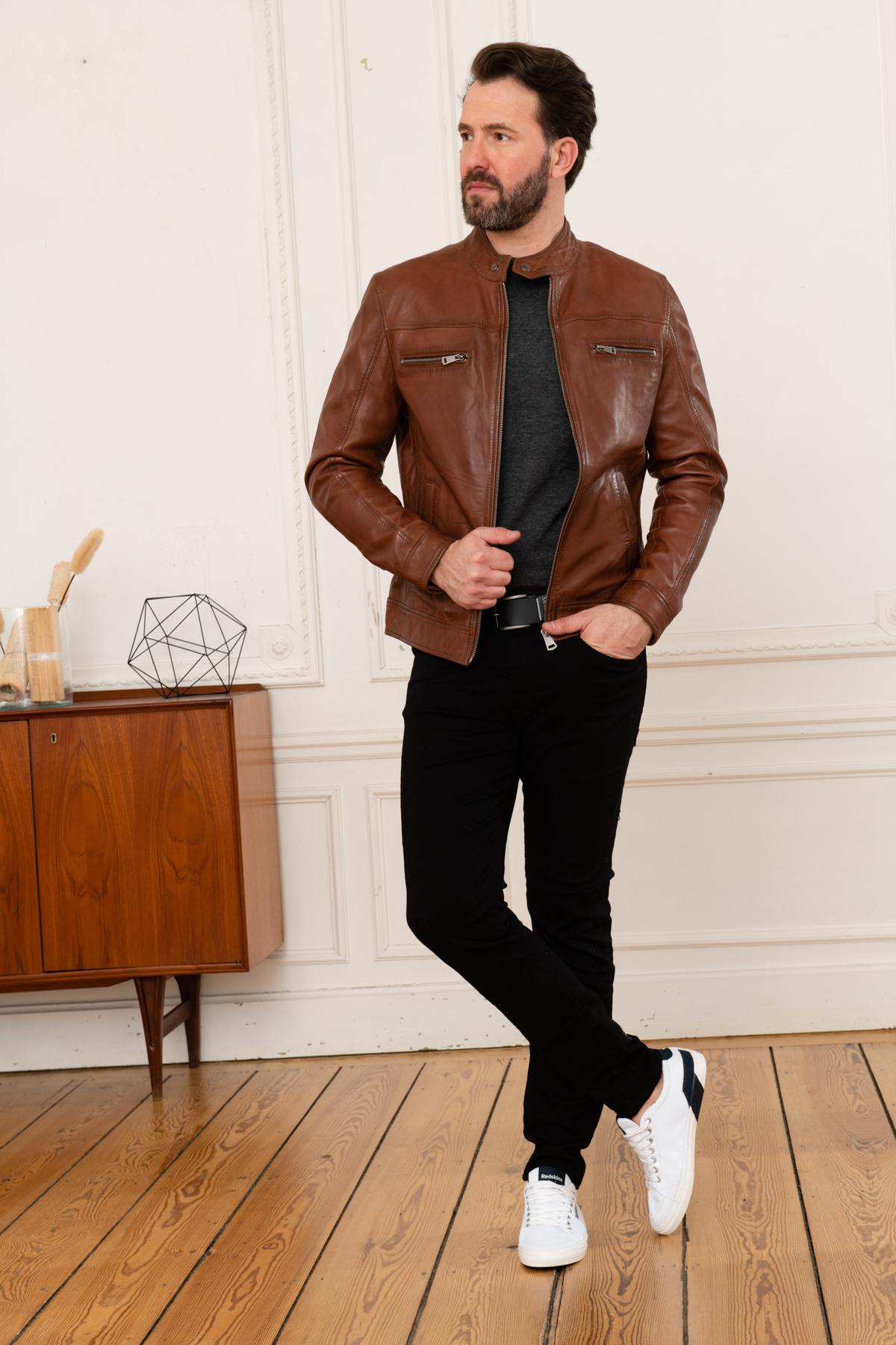 Men's genuine cognac leather jacket - Image n°2