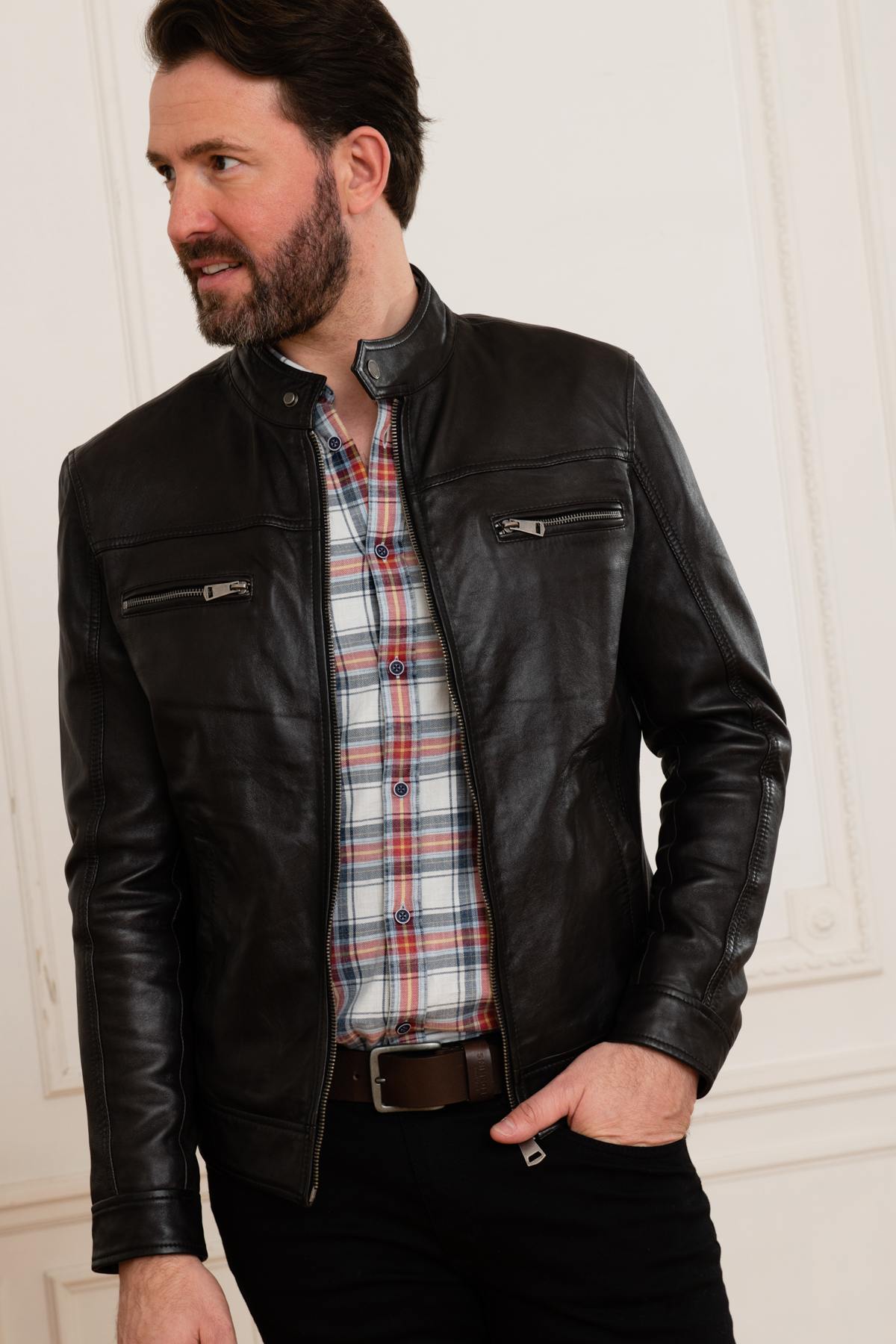 Black leather jacket with biker collar - Image n°3