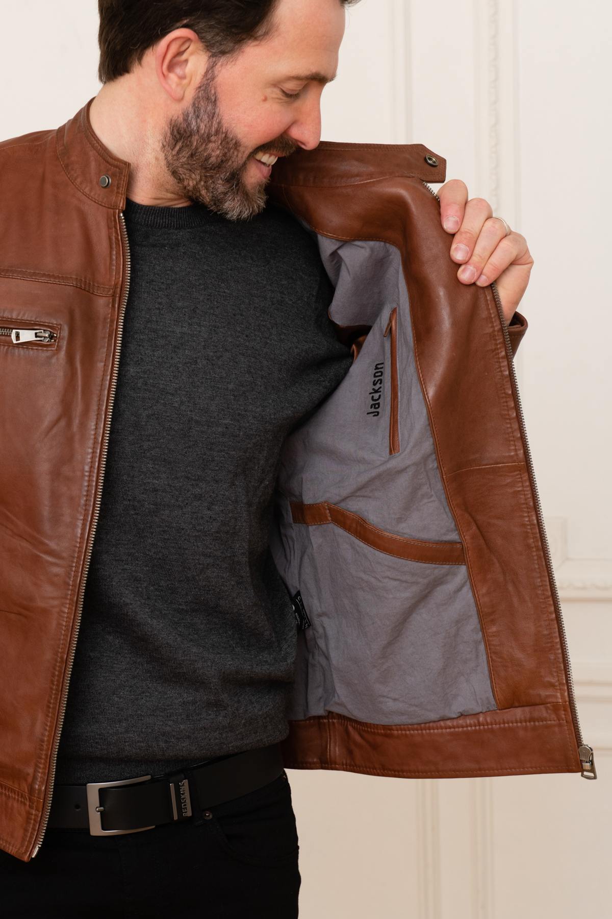 Men's genuine cognac leather jacket - Image n°5