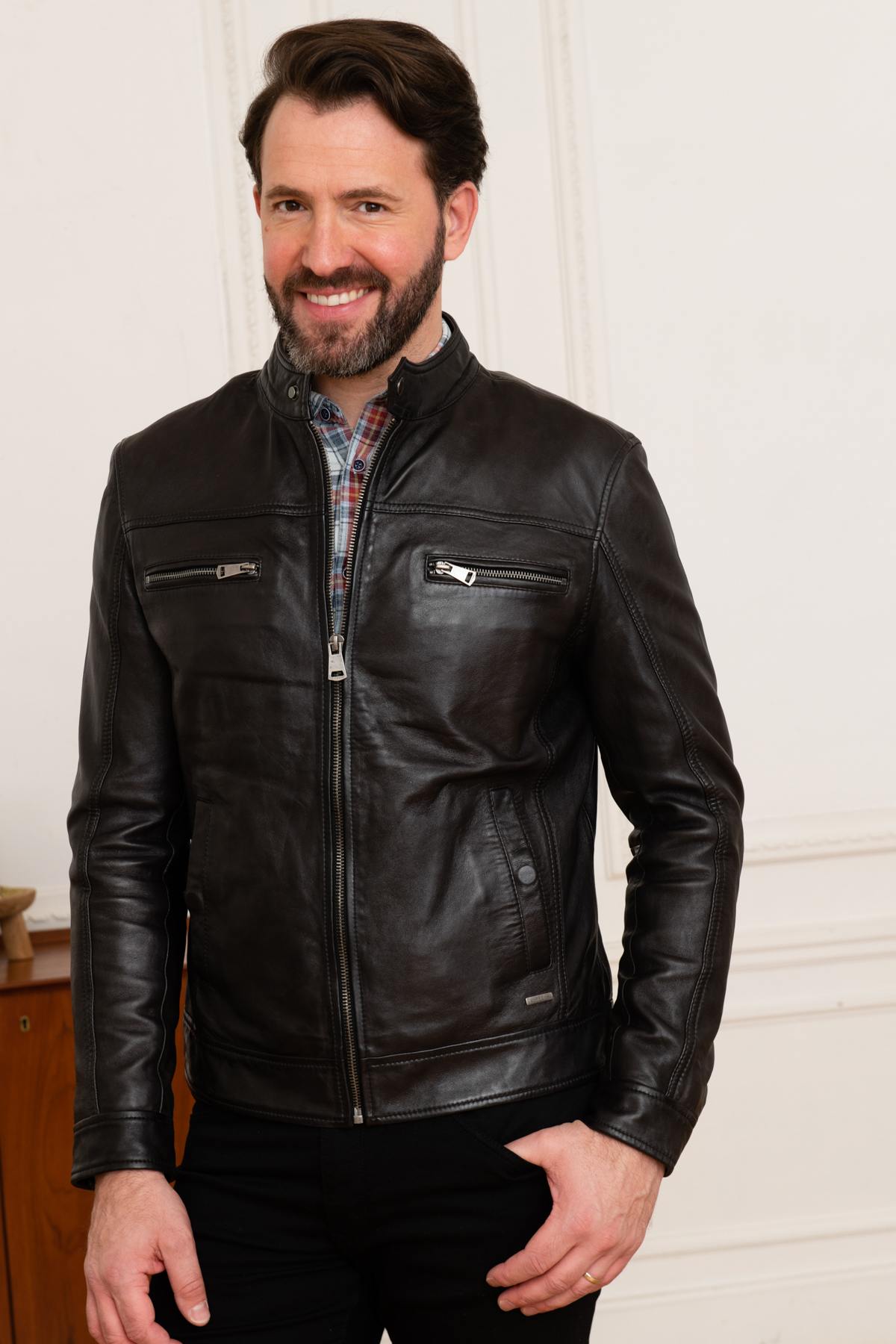 Black leather jacket with biker collar - Image n°7