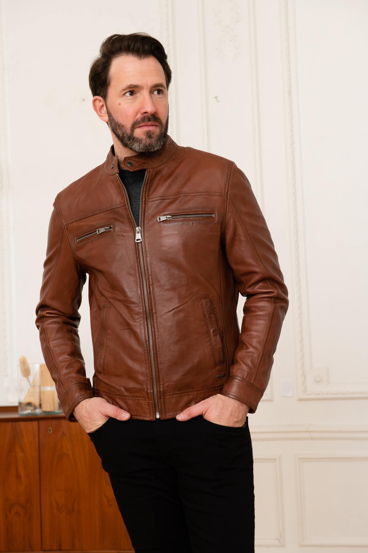 Men's genuine cognac leather jacket - Image n°3