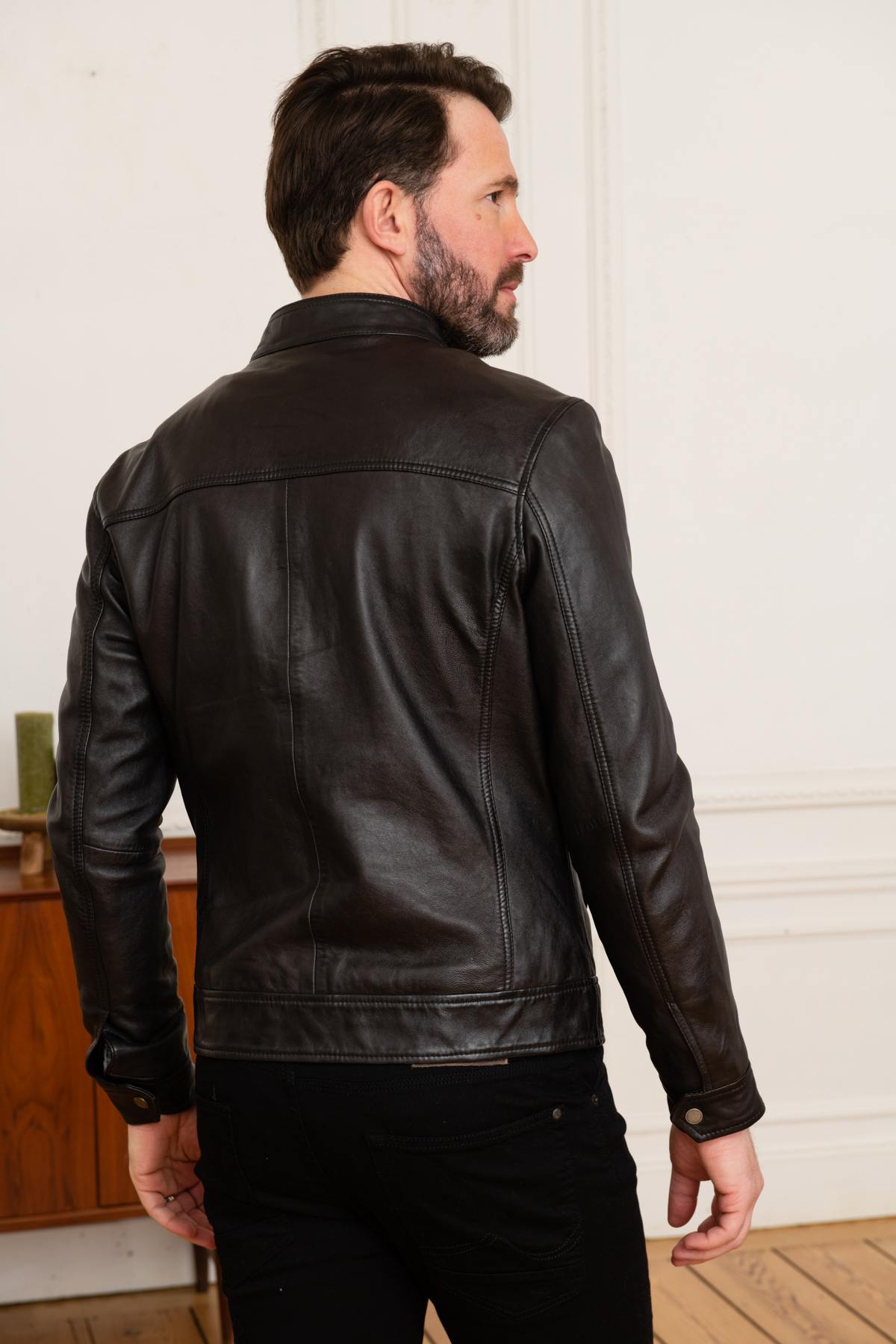 Black leather jacket with biker collar - Image n°5