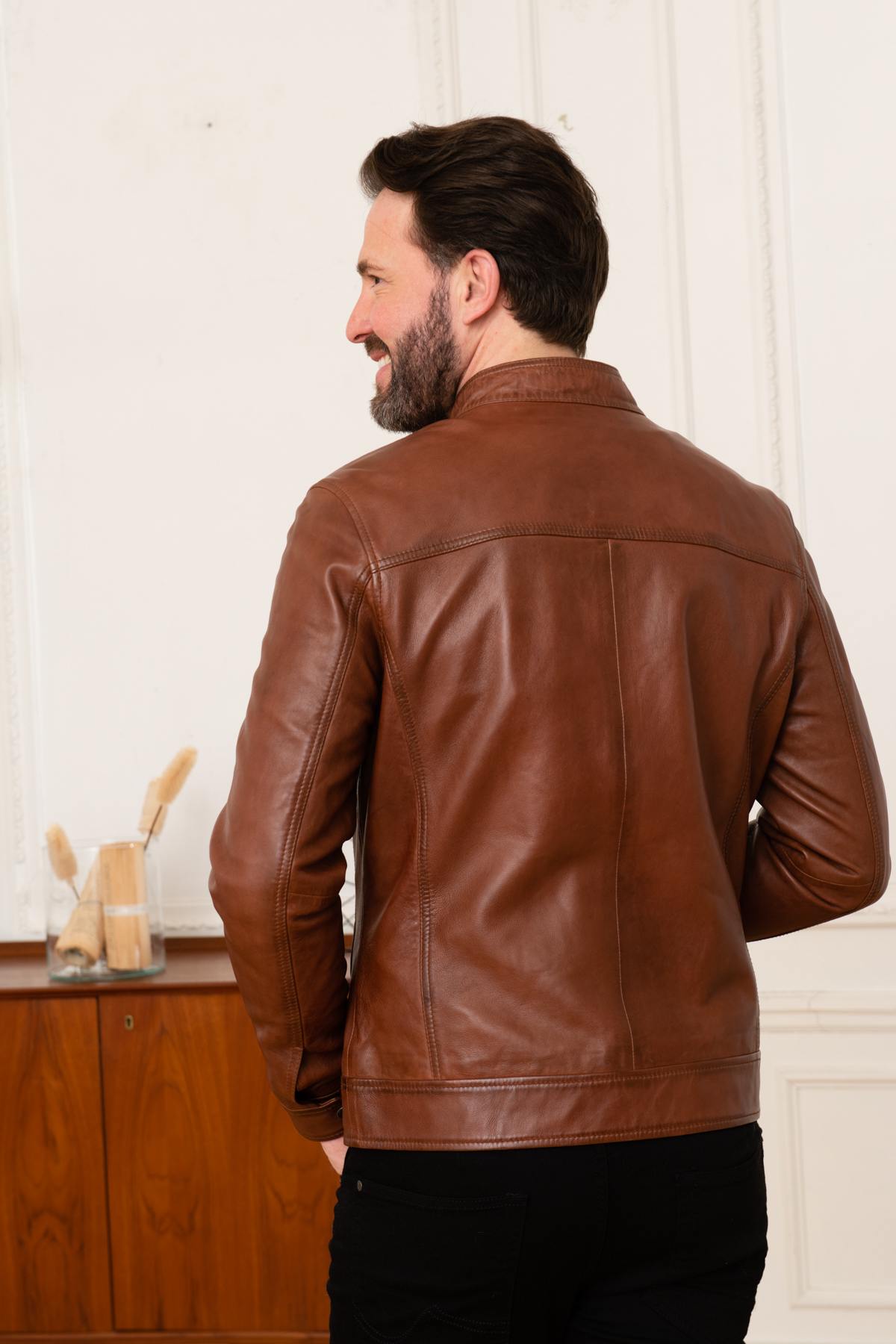 Men's genuine cognac leather jacket - Image n°6