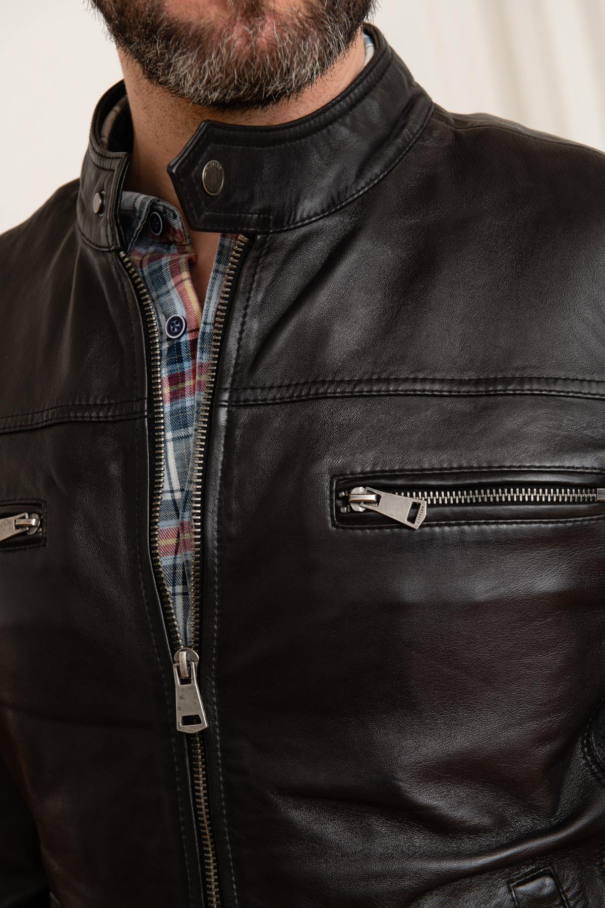 Black leather jacket with biker collar - Image n°8