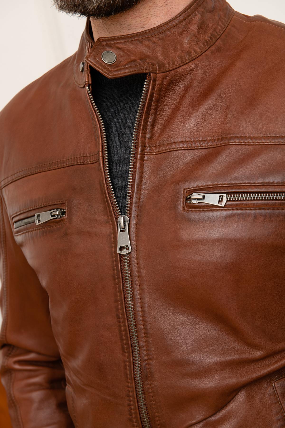 Men's genuine cognac leather jacket - Image n°9