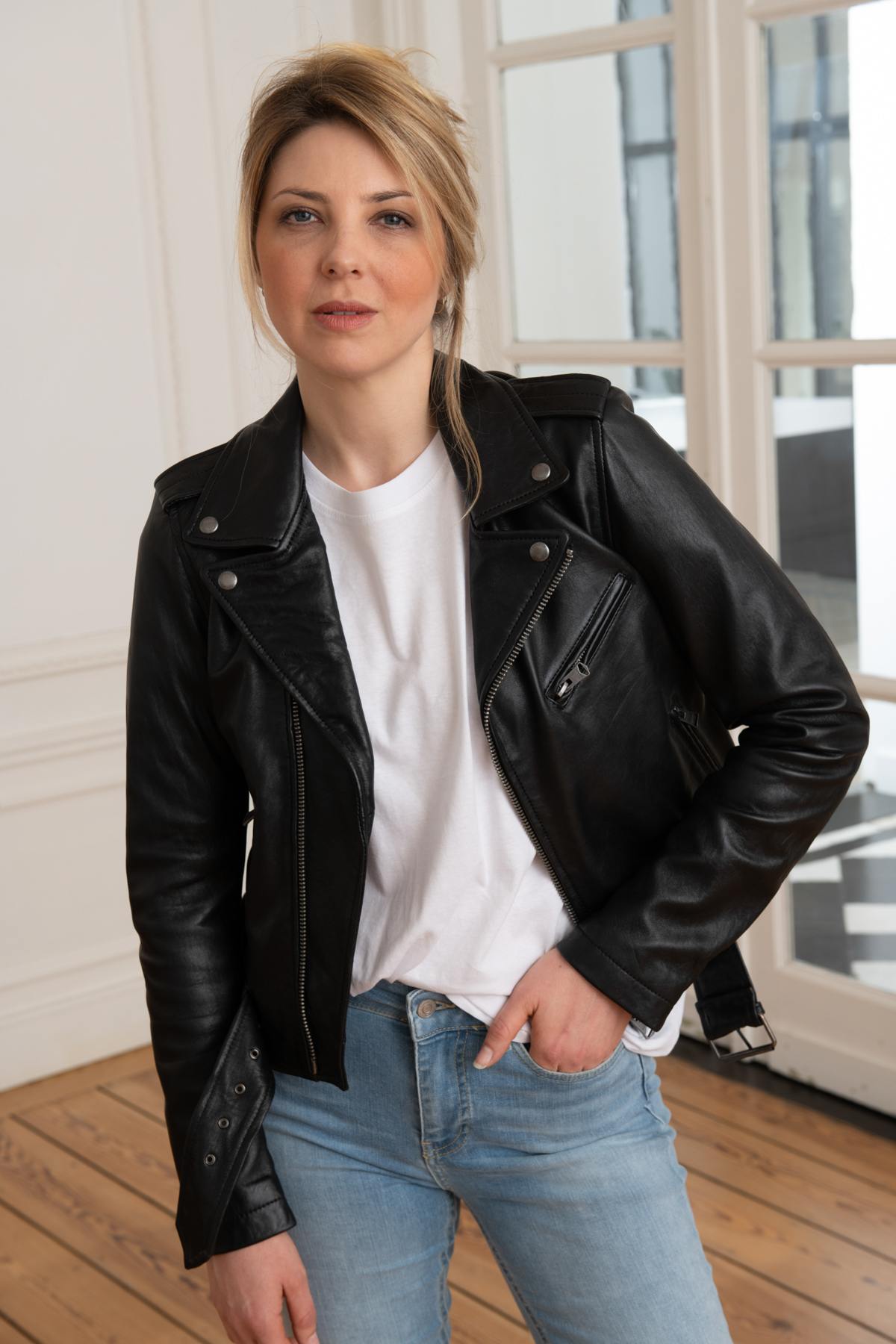 Black leather Biker style leather jacket - Image n°1