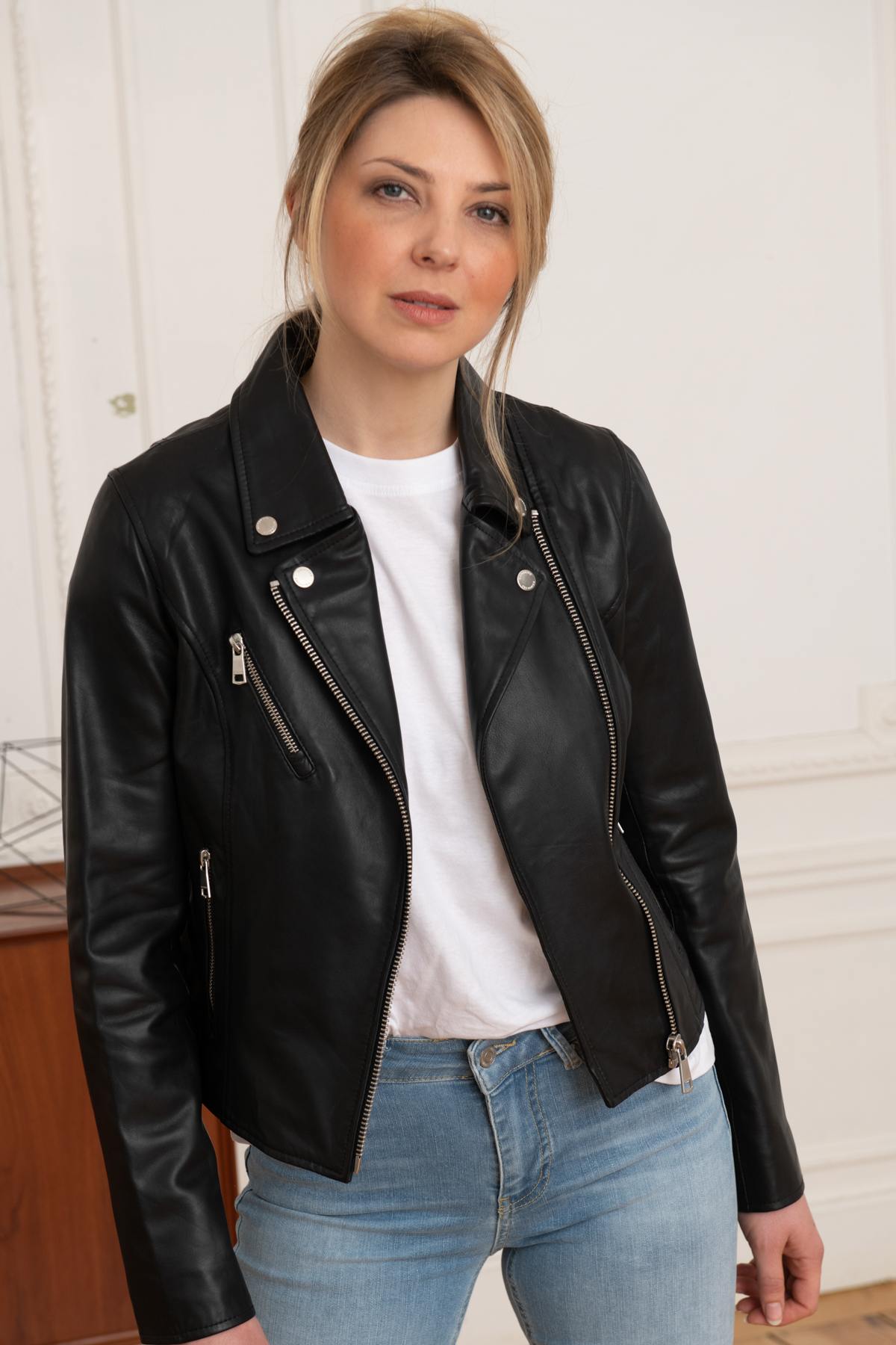 Slimfit black leather Biker Jacket - Image n°5