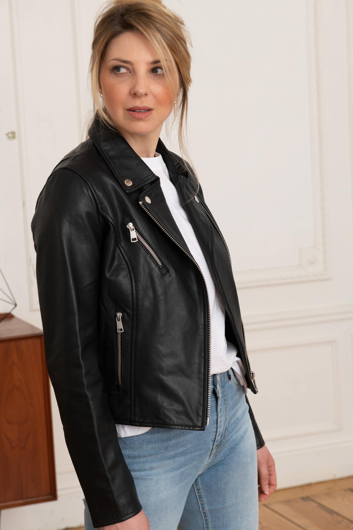 Slimfit black leather Biker Jacket - Image n°2