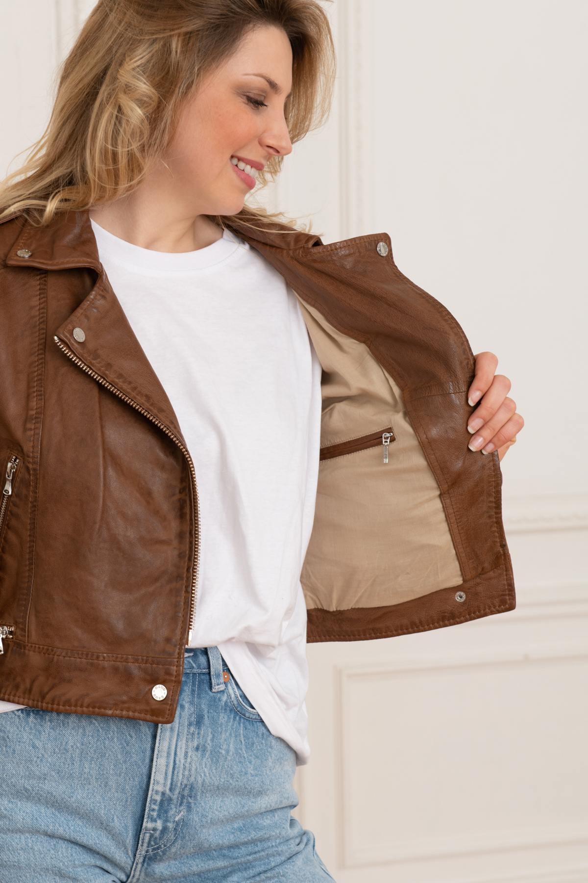 Short brown leather Biker Jacket - Image n°5