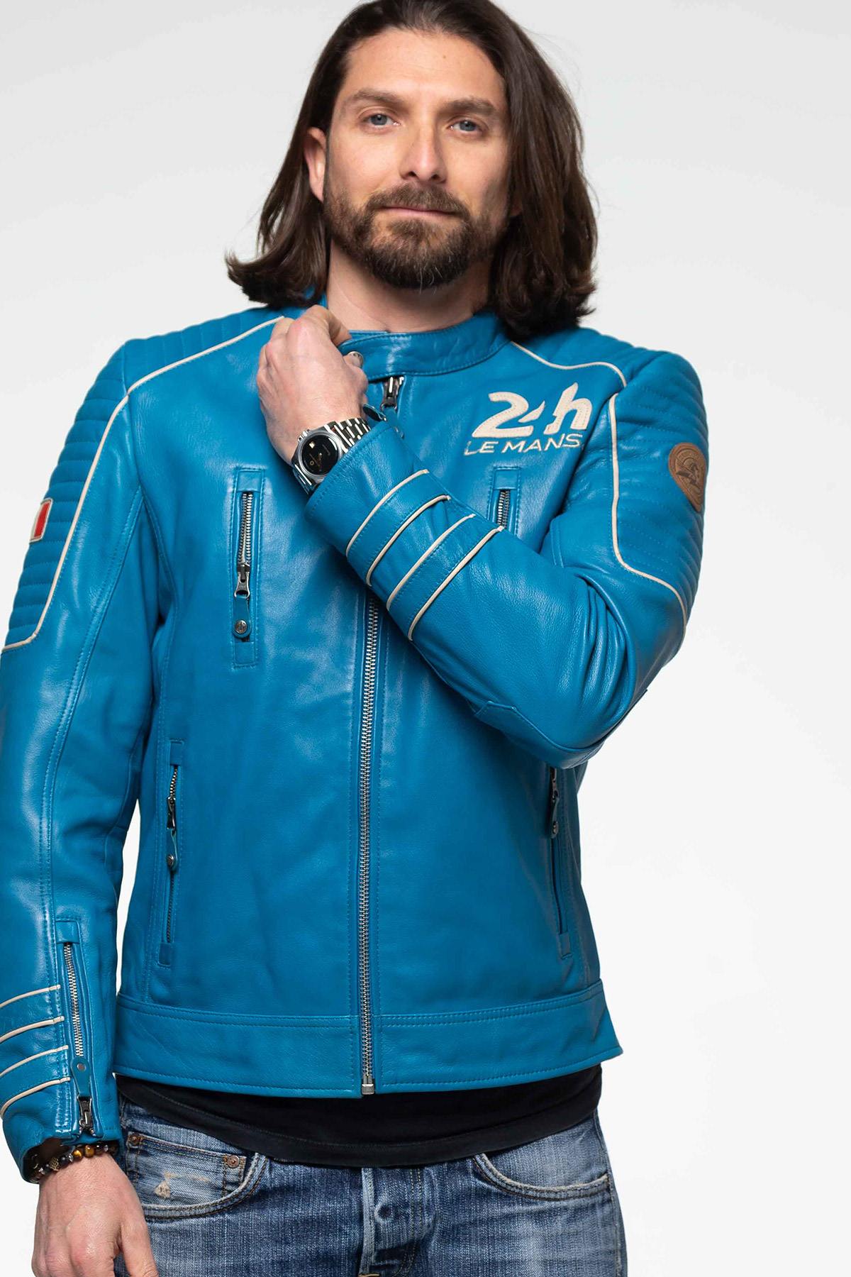 Electric blue sheepskin leather racing jacket - Image n°6