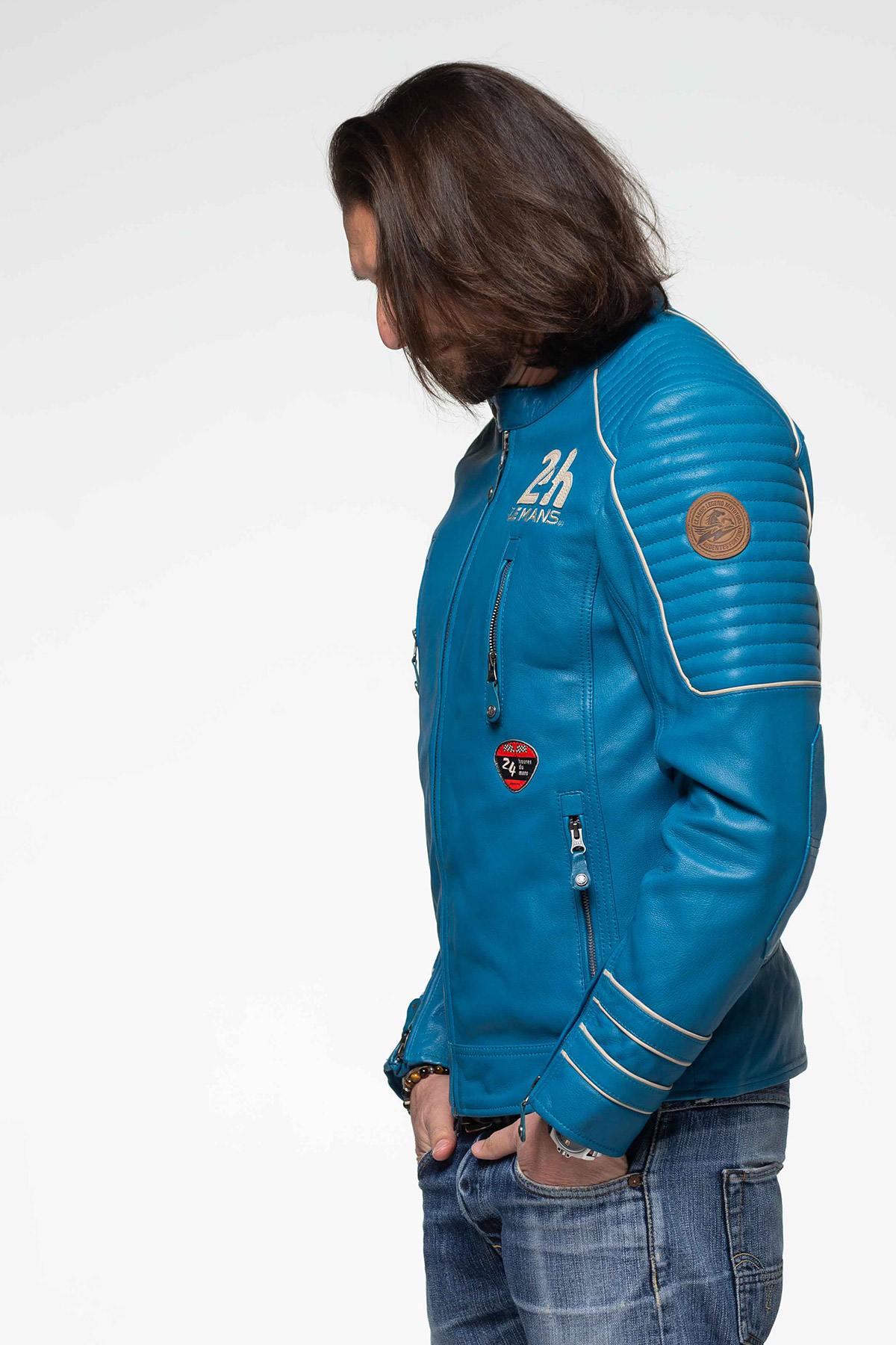 Electric blue sheepskin leather racing jacket - Image n°7