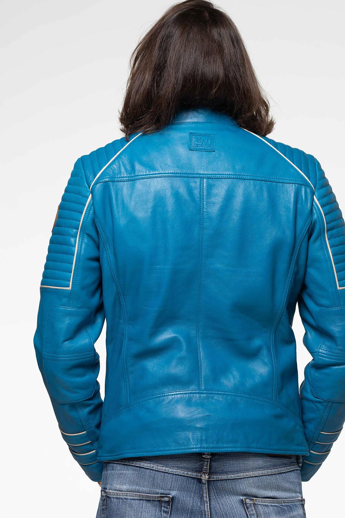 Electric blue sheepskin leather racing jacket - Image n°8