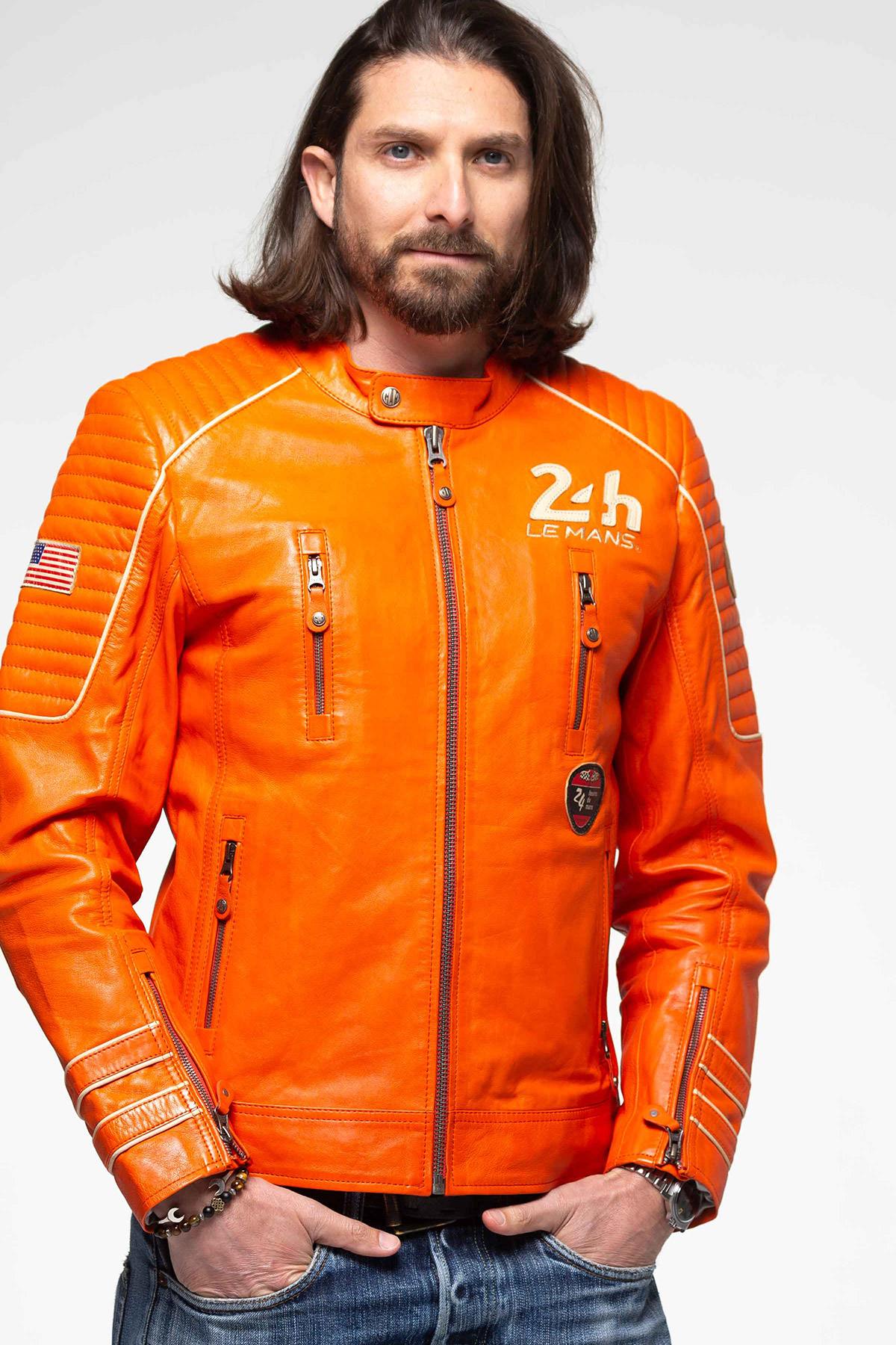 Racing-style jacket in orange leather - Image n°7