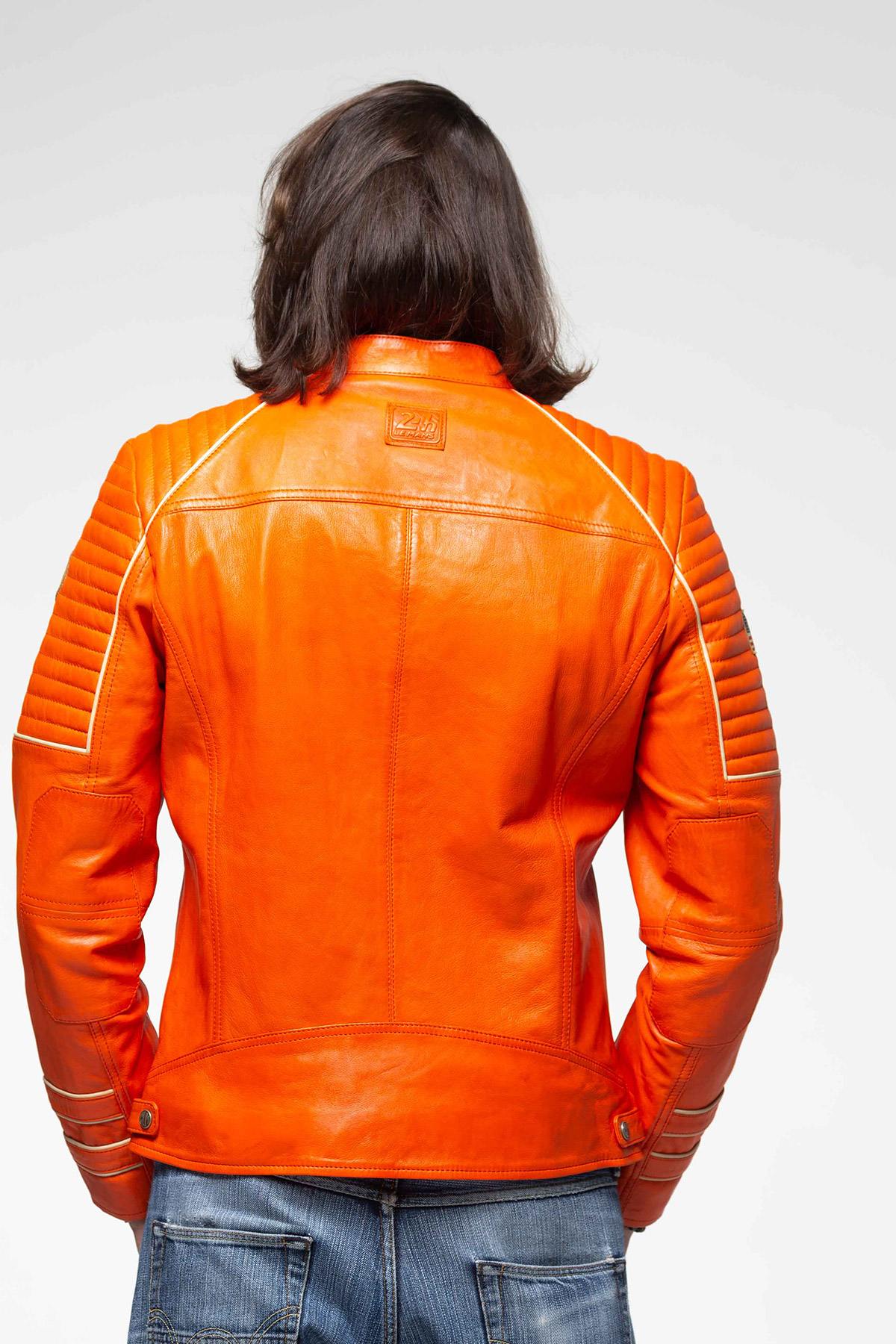 Racing-style jacket in orange leather - Image n°8