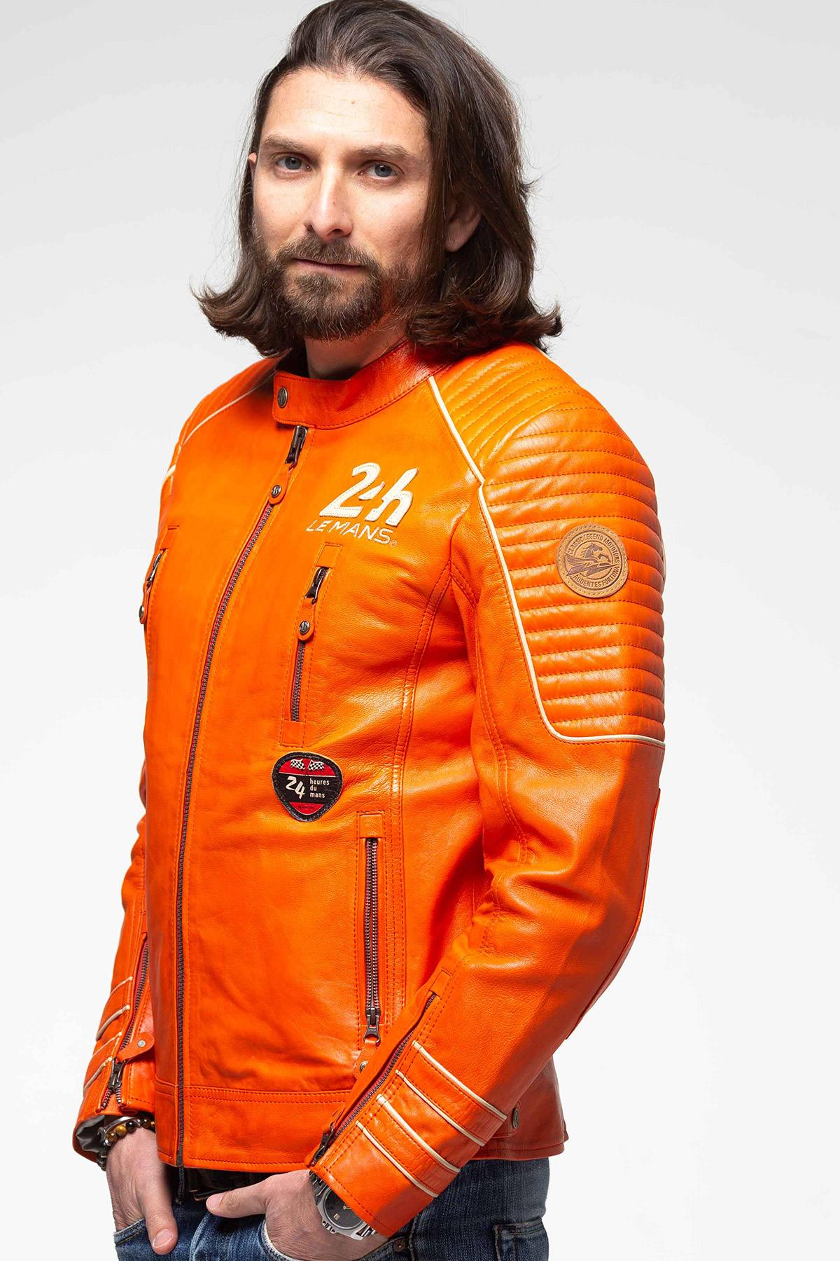 Racing-style jacket in orange leather - Image n°9