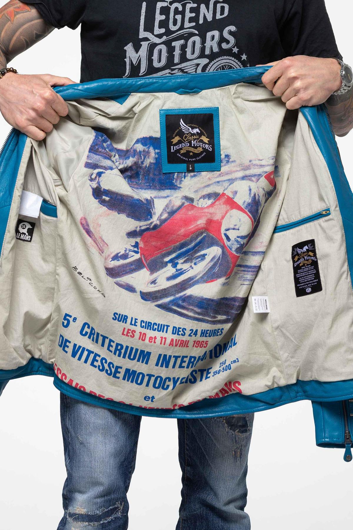 Electric blue sheepskin leather racing jacket - Image n°2